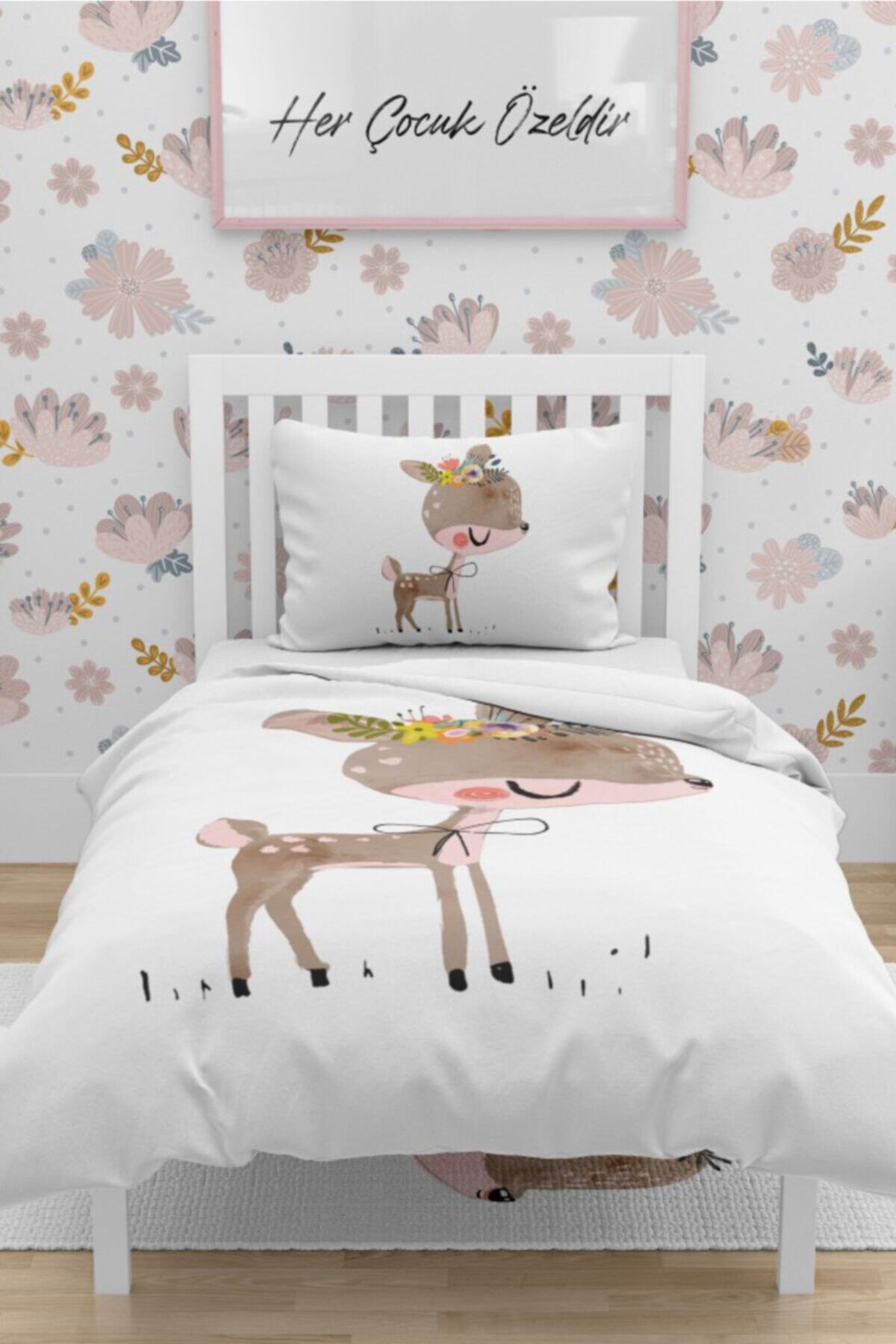 Çekirdek Home Çiçekli Bambi Çocuk Nevresim Takımı %100 Pamuk Saten