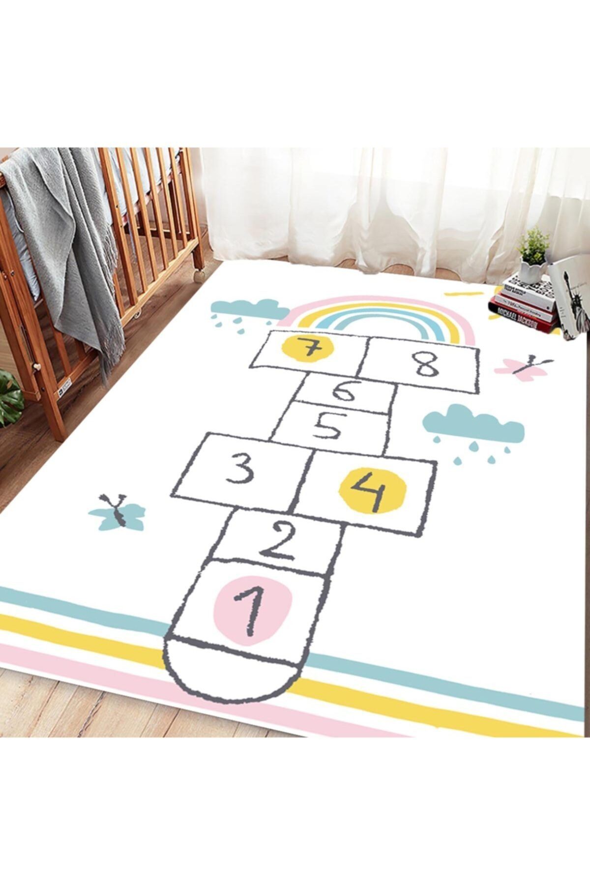 Missia Home Güneşli Rainbow Seksek Desen Çocuk Halısı  Ekru Zemin  80x150 cm