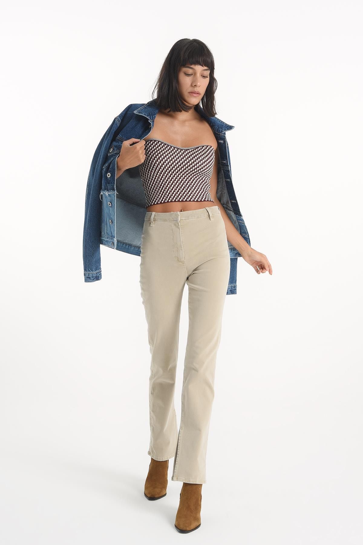 CROSS JEANS Yüksek Bel Paçası Yırtmaçlı Slim Flare Bej Rengi Jean Pantolon