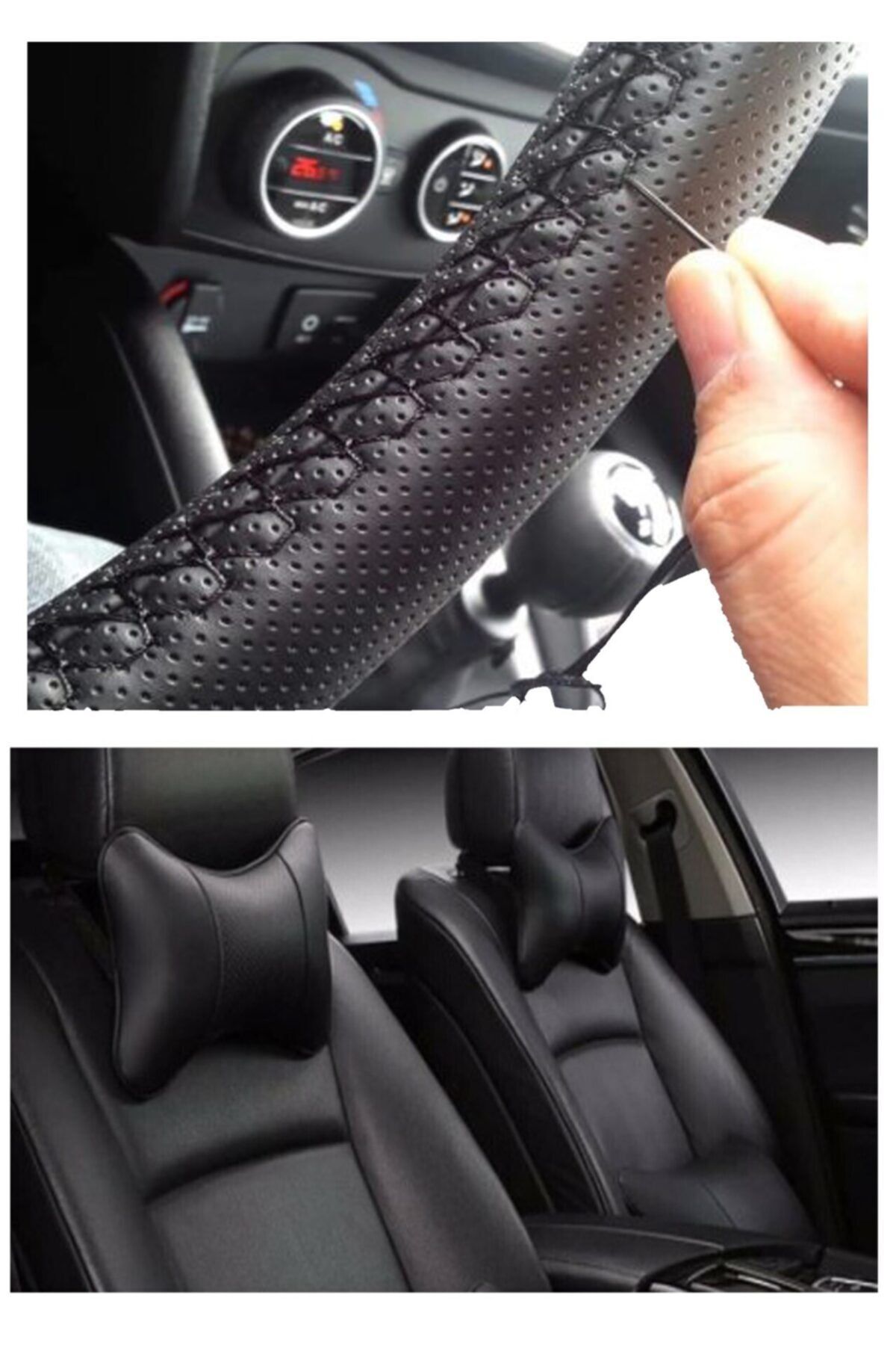 AYAZGURUP Toyota Corolla(2006-2009) Dikmeli Direksiyon Kılıfı Ve 5d Ortopedik Boyun Yastığı (2 Li Set)