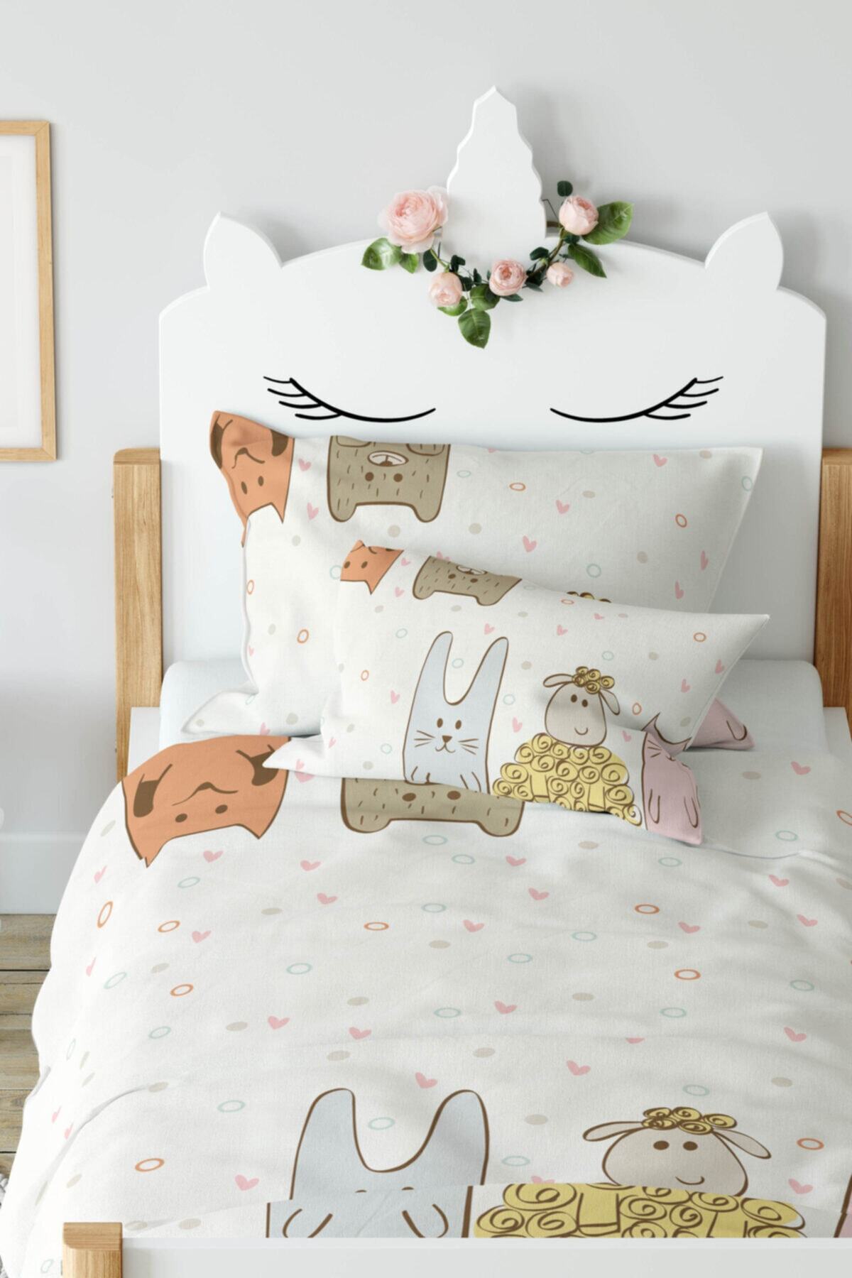 Çekirdek Home Çizgi Hayvanlar Çocuk Nevresim %100 Pamuk Saten