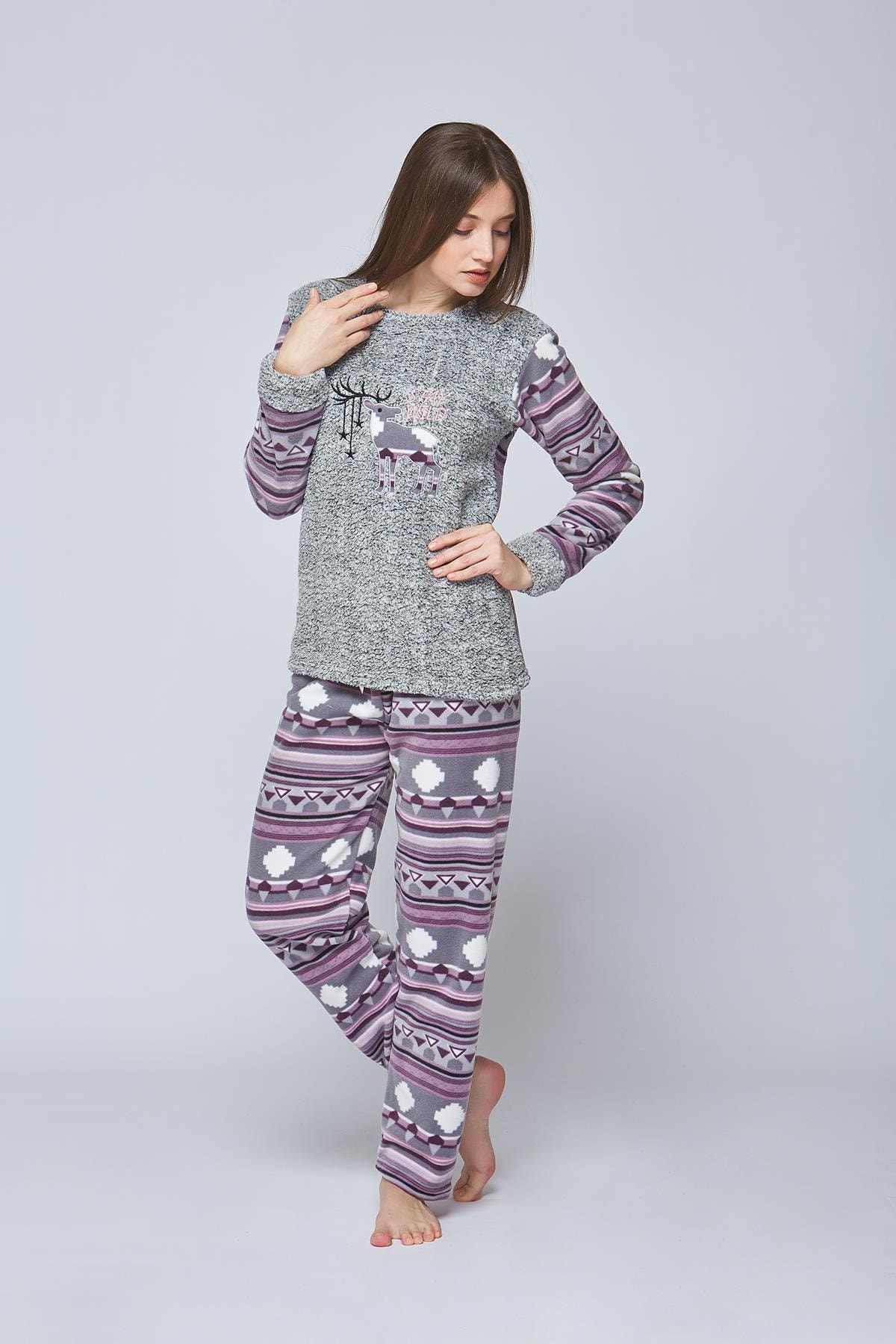 Estiva Kadın Geometrik Peluş Polar Pijama Takımı