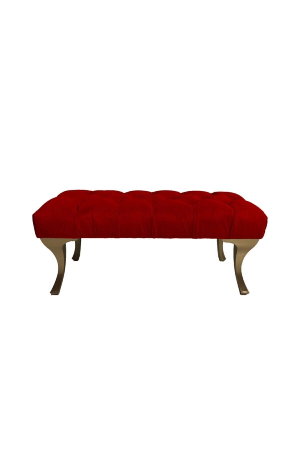 Sepetten Evine Kırmızı Gold Ayak Puf Ayak Ucu Kapitoneli Kapı Önü Antre Bench Puf 90x45x42