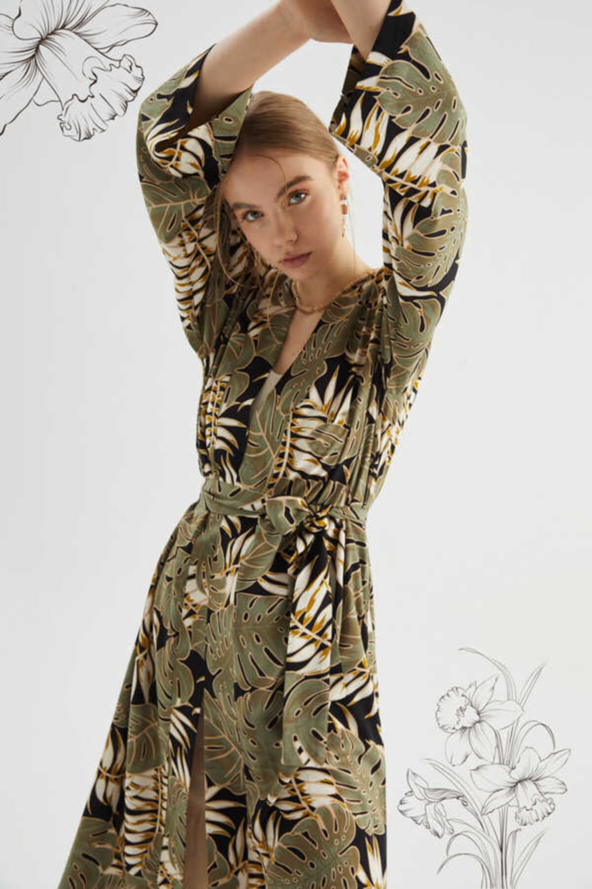 NACCHOS Yeşil Yaprak Desenli Kimono