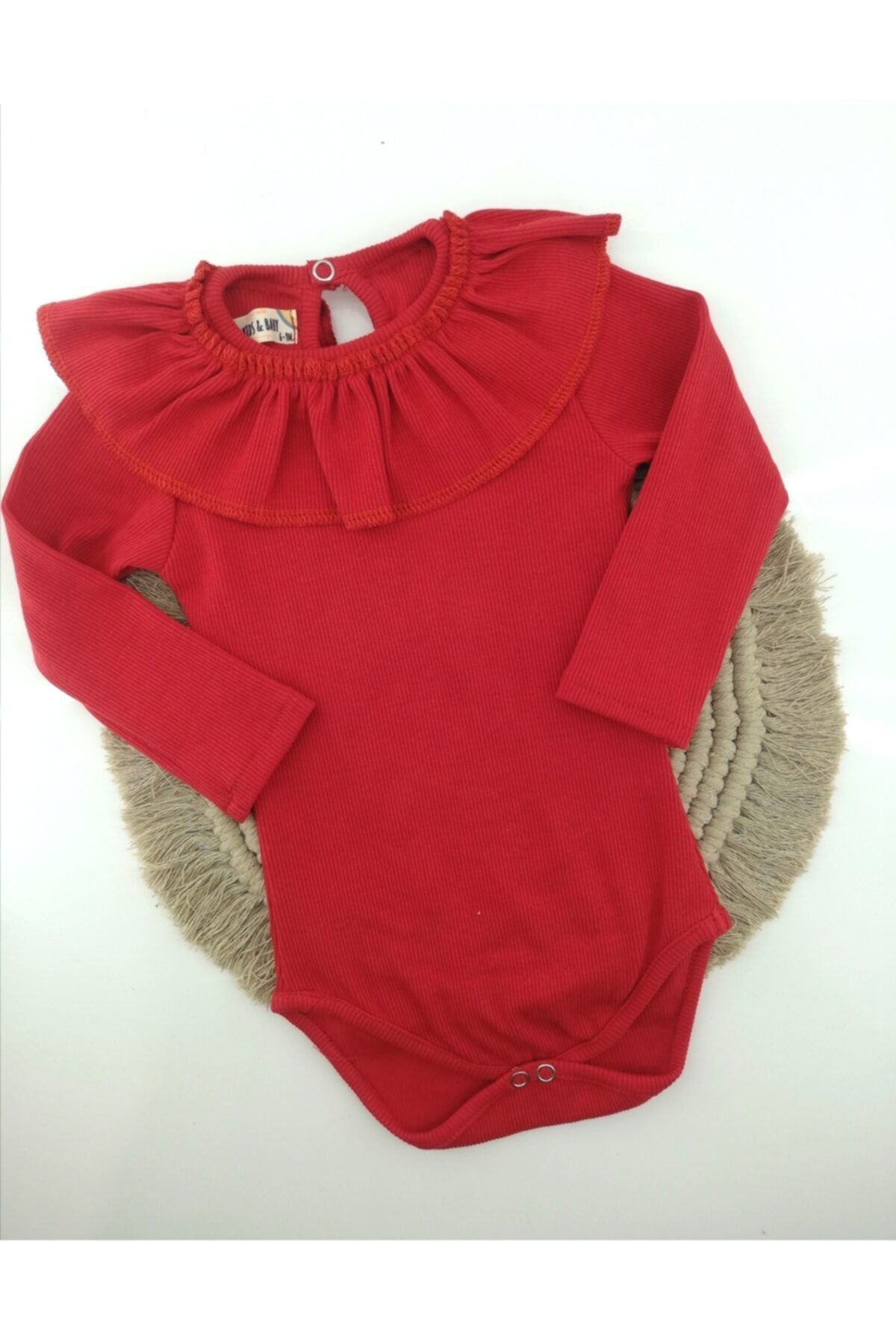 Mini Kids Baby Kız Bebek Kırmızı Fırfırlı Yaka Bebek Body Çıtçıtlı Zıbın Romper