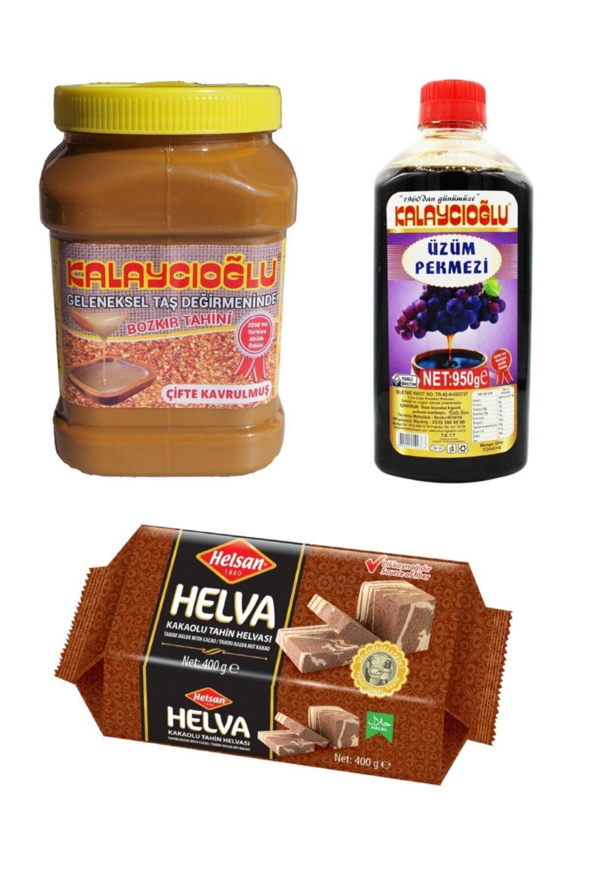 Belde Dere Kalaycıoğlu Kepeksiz Bozkır Tahini 935 Gr + Helsan Glikozsuz Kakaolu Helva 400 Gr + Kalaycıoğlu Üzüm