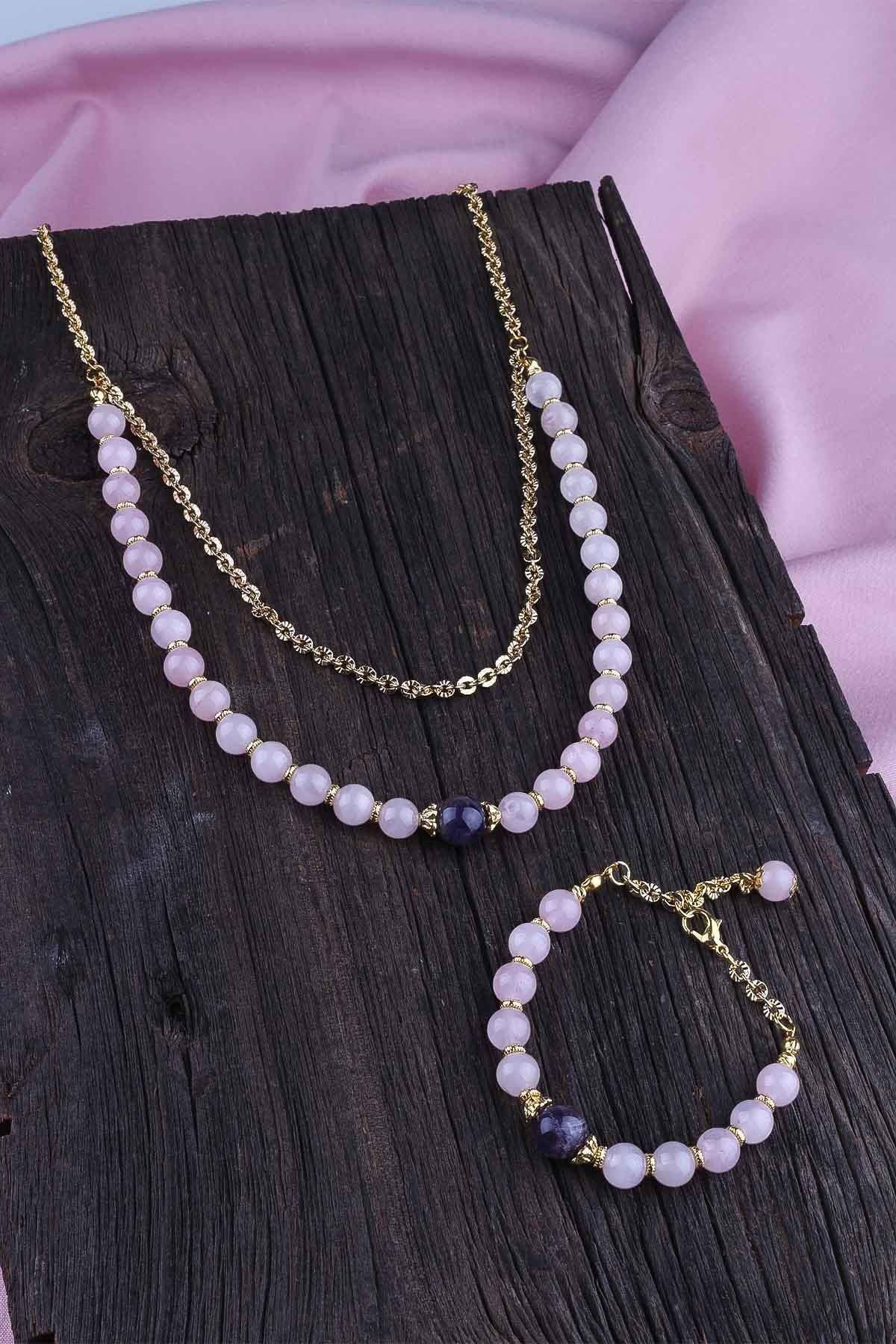 Dünya Doğal Taş Pembe Kuvars Ve Ametist Taşlı Kolye Bileklik Seti