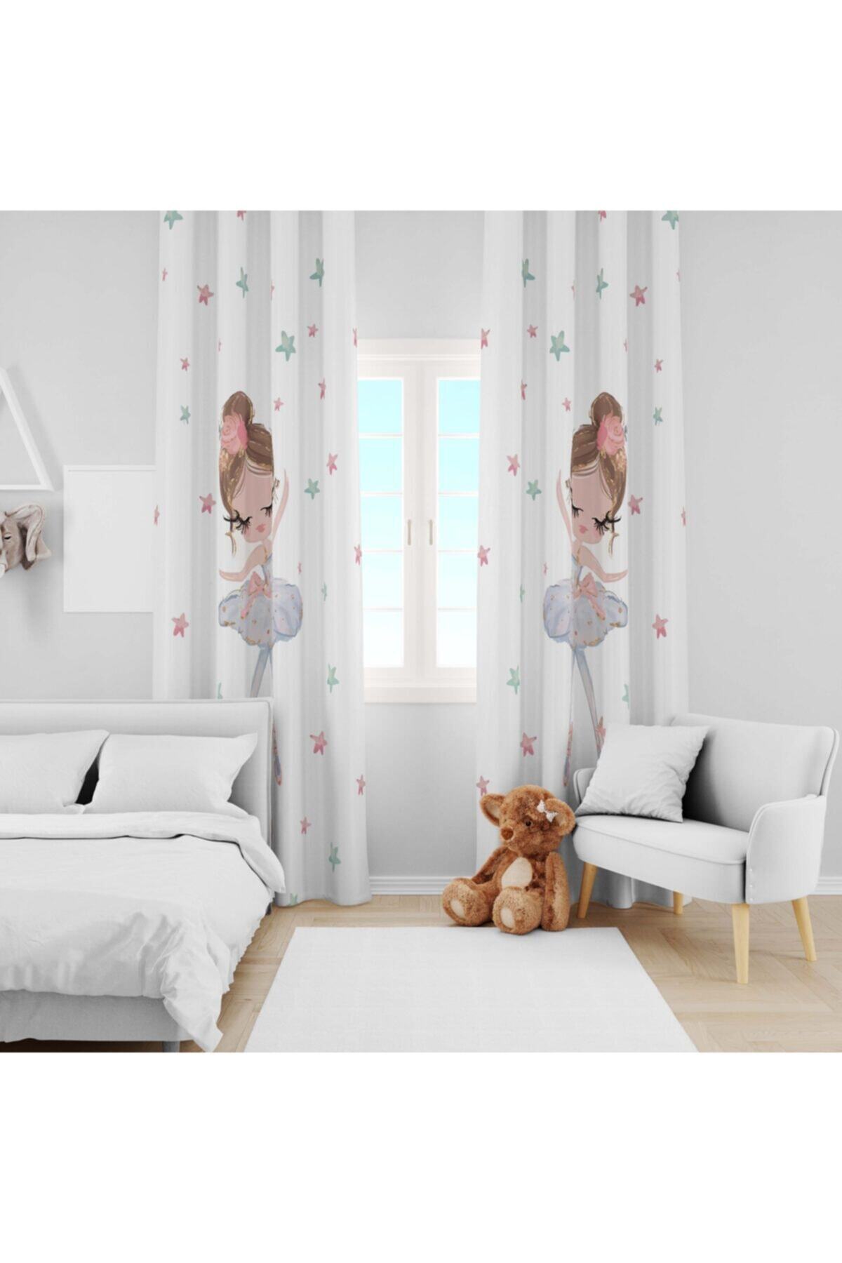 Ziu Kids Süet Dokulu Renkli Yıldız Balerin Desenli Bebek&çocuk Odası Dekoratif Fon Perde