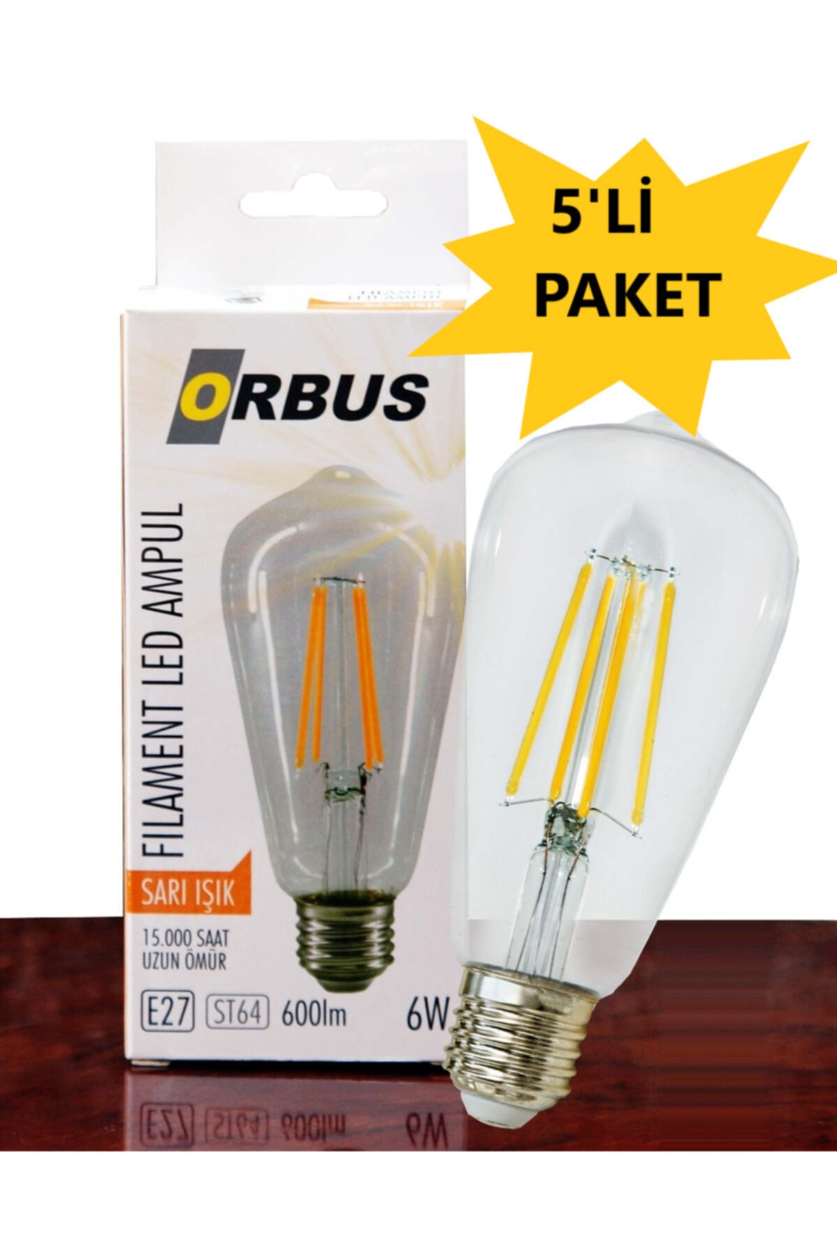 ORBUS Dekoratif Led Ampul 5'li Paket St64 E27 Şeffaf Sarı Işık