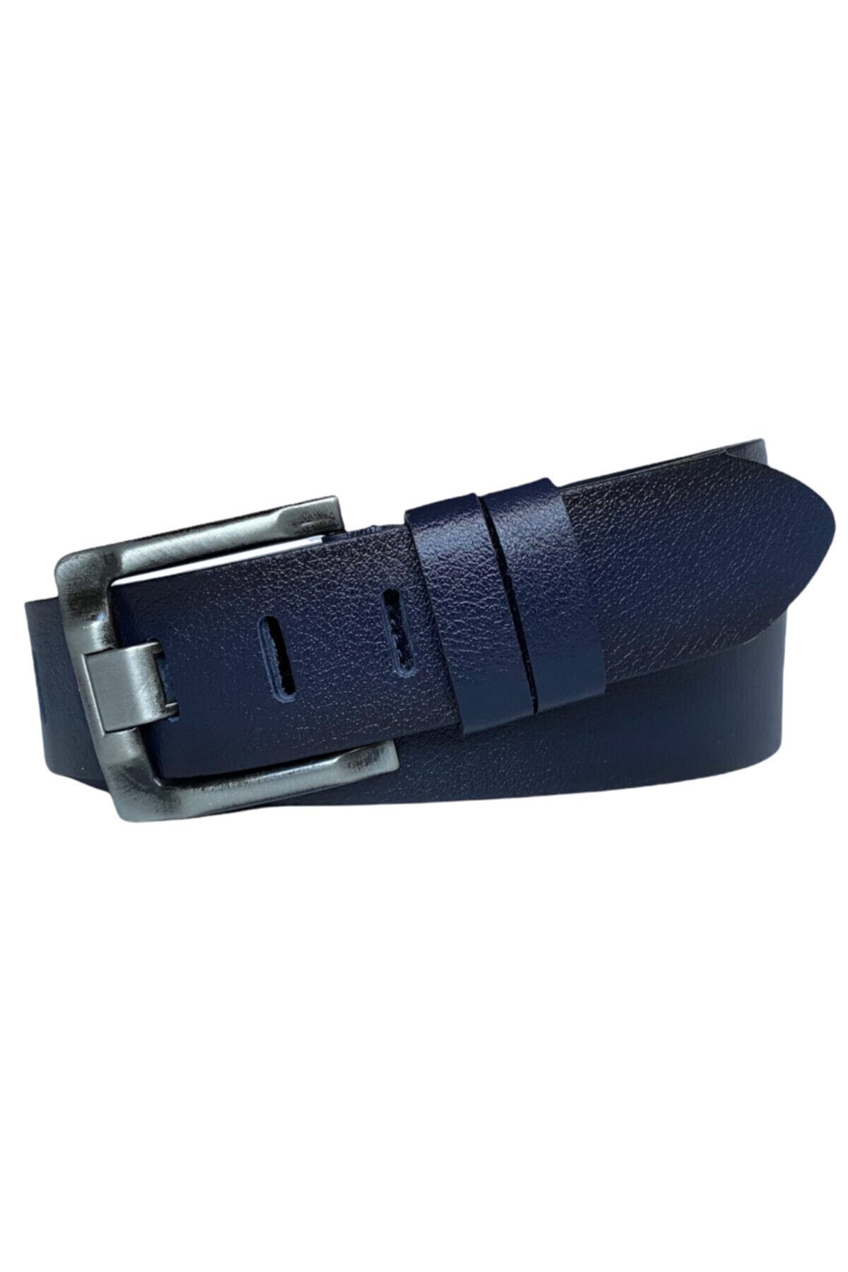 GoDeri %100 Hakiki Kaliteli Deri 4.5 Cm Geniş Dilli Lacivert Kot, Spor Kemer