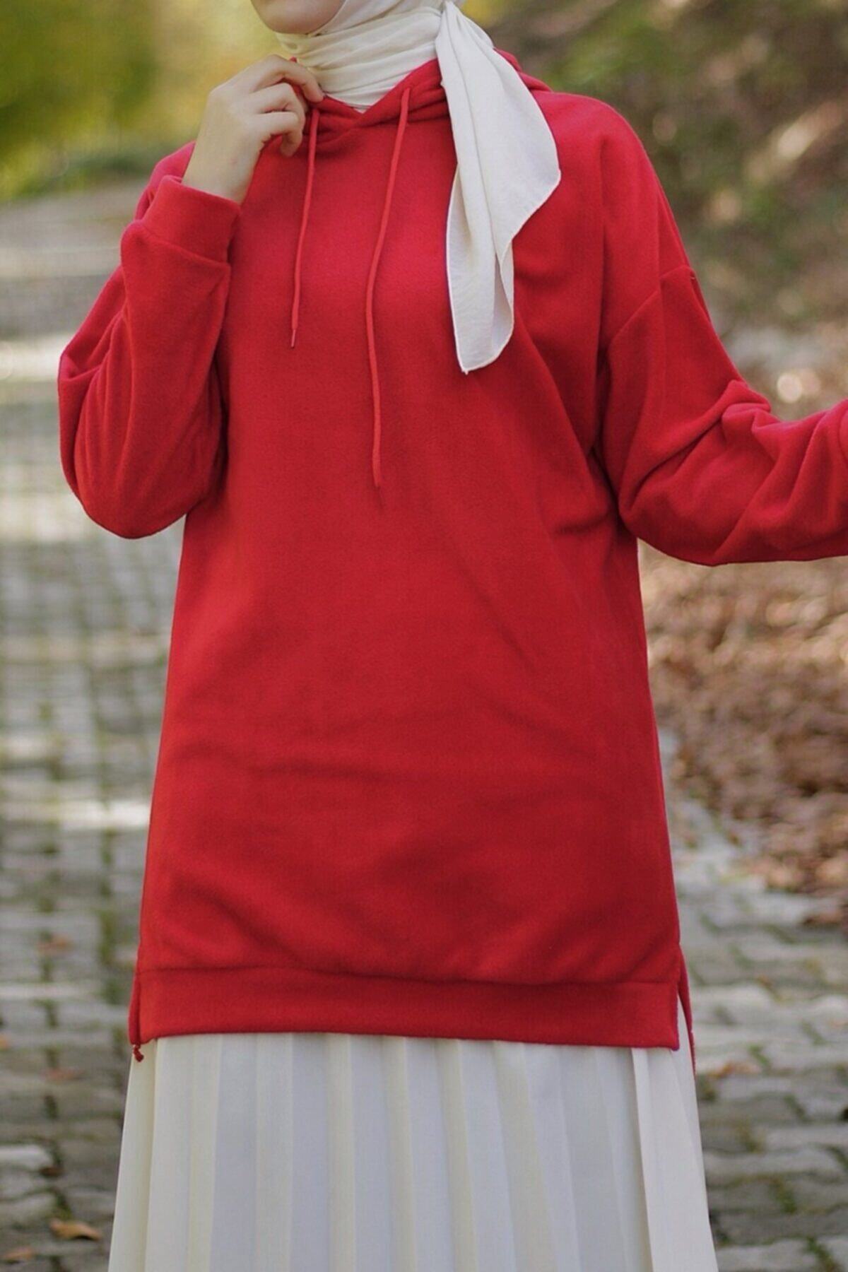 Bestenur Kapüşonlu Yumoş Polar Tunik - Bordo