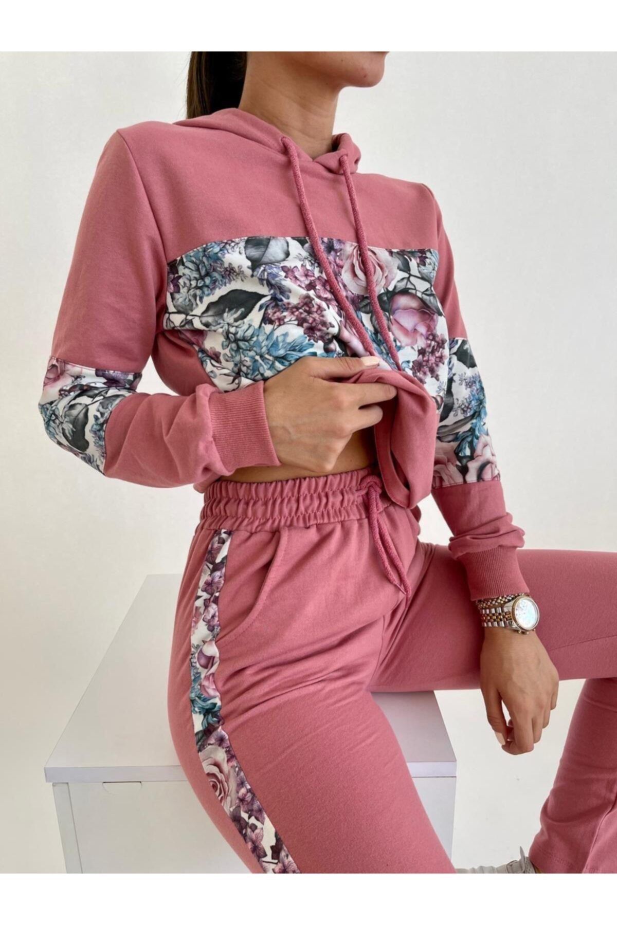 Arya Moda Rose Baskı Model Kapüşonlu İki İplik Kumaş Eşofman Takımı