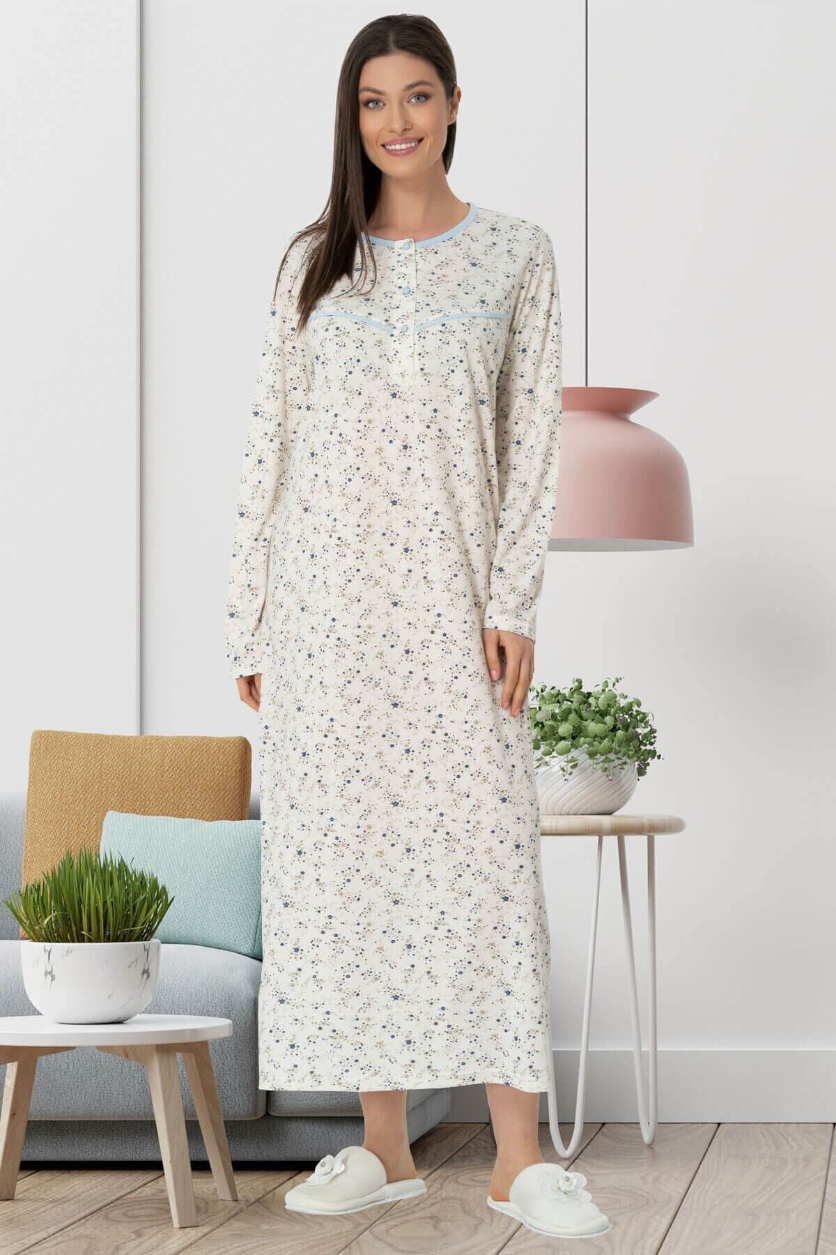By Mecit Pijama Mecit 5463 Mavi Çiçekli Büyük Beden Gecelik