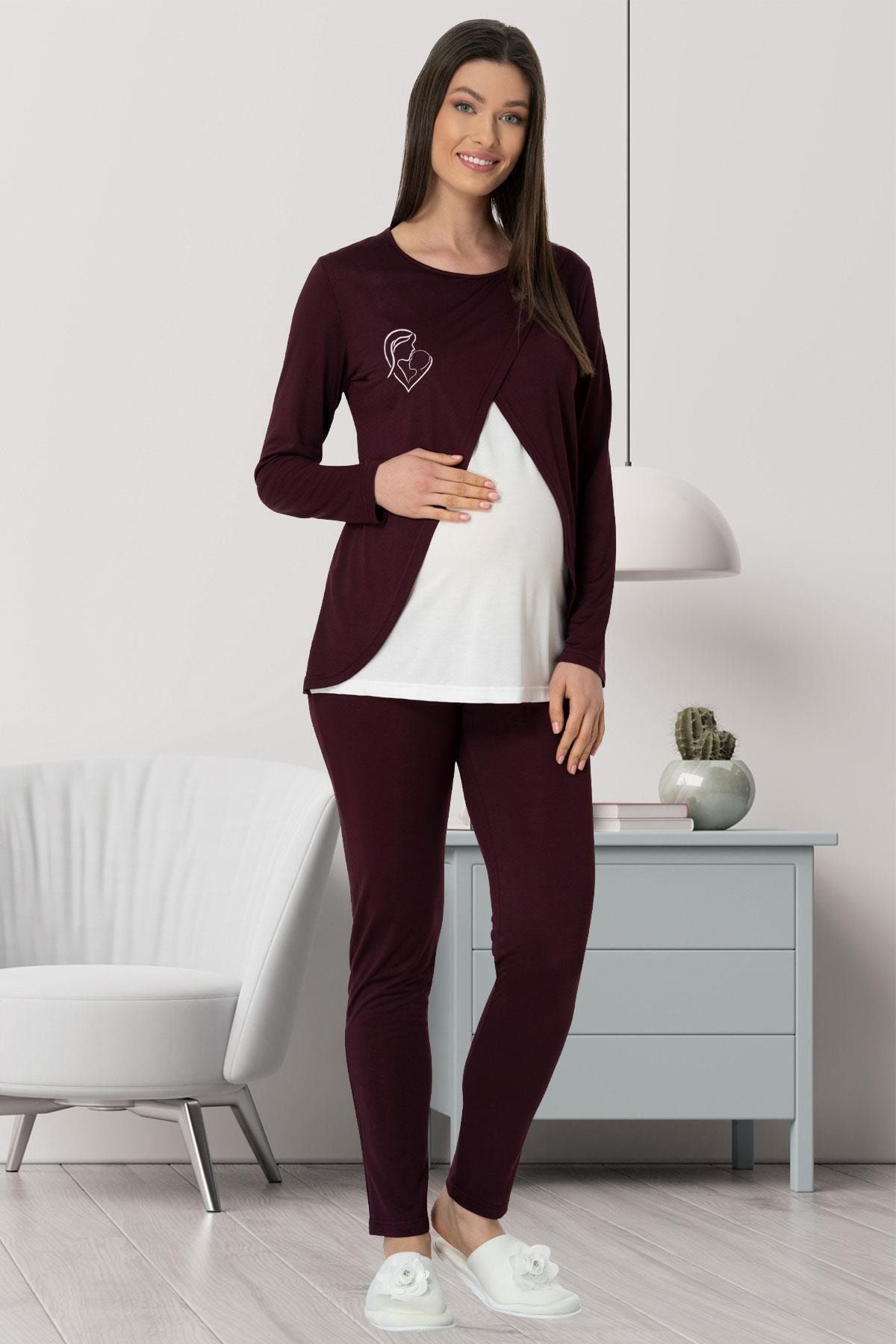 By Mecit Pijama Kadın Mürdüm Emzirme Özellikli Lohusa Pijama Takımı