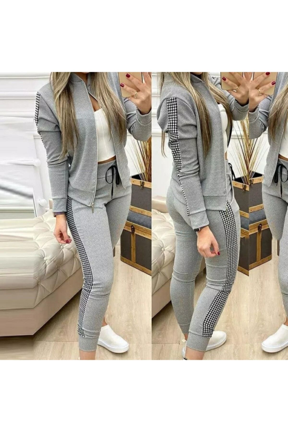 Arya Moda Iki Iplik Kumaş Yanları Ekose Desen Fermuarlı Takım