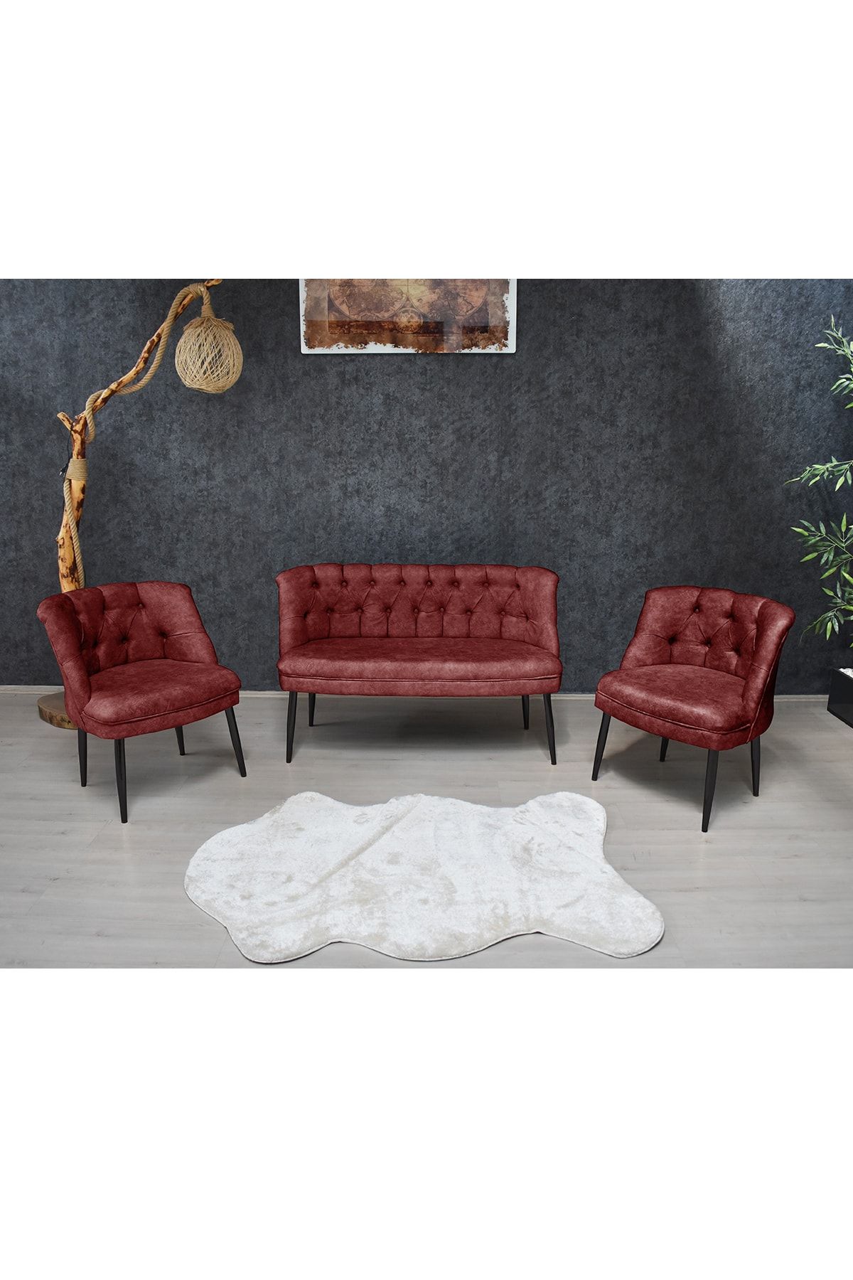 PRATİK DEKOR Kolsuz Çay Seti 2+1+1 Balkon Ofis Cafe Bahçe Koltuk Takımı | Siyah Metal Ayak Bordo