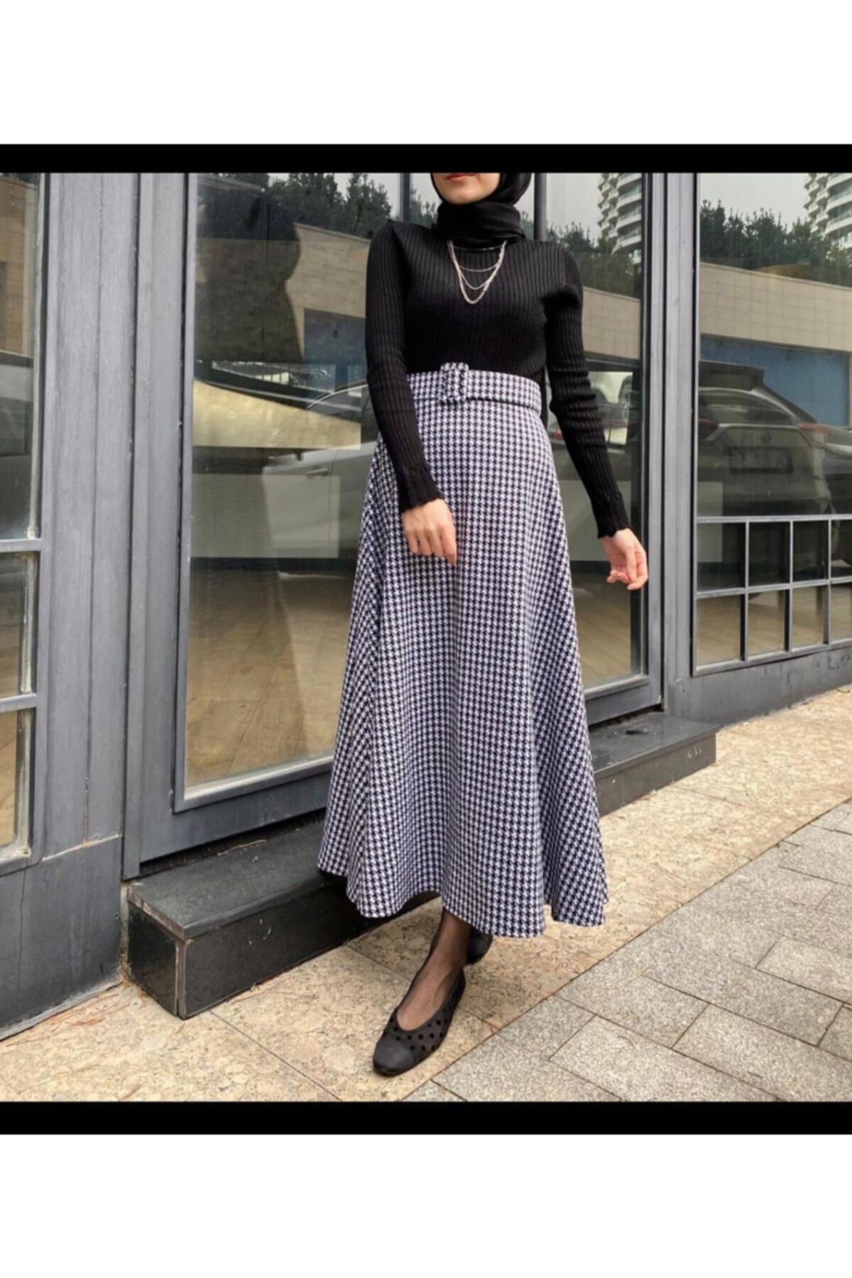 Modaytesettür Kışlık Kemerli Ekose Uzun Etek