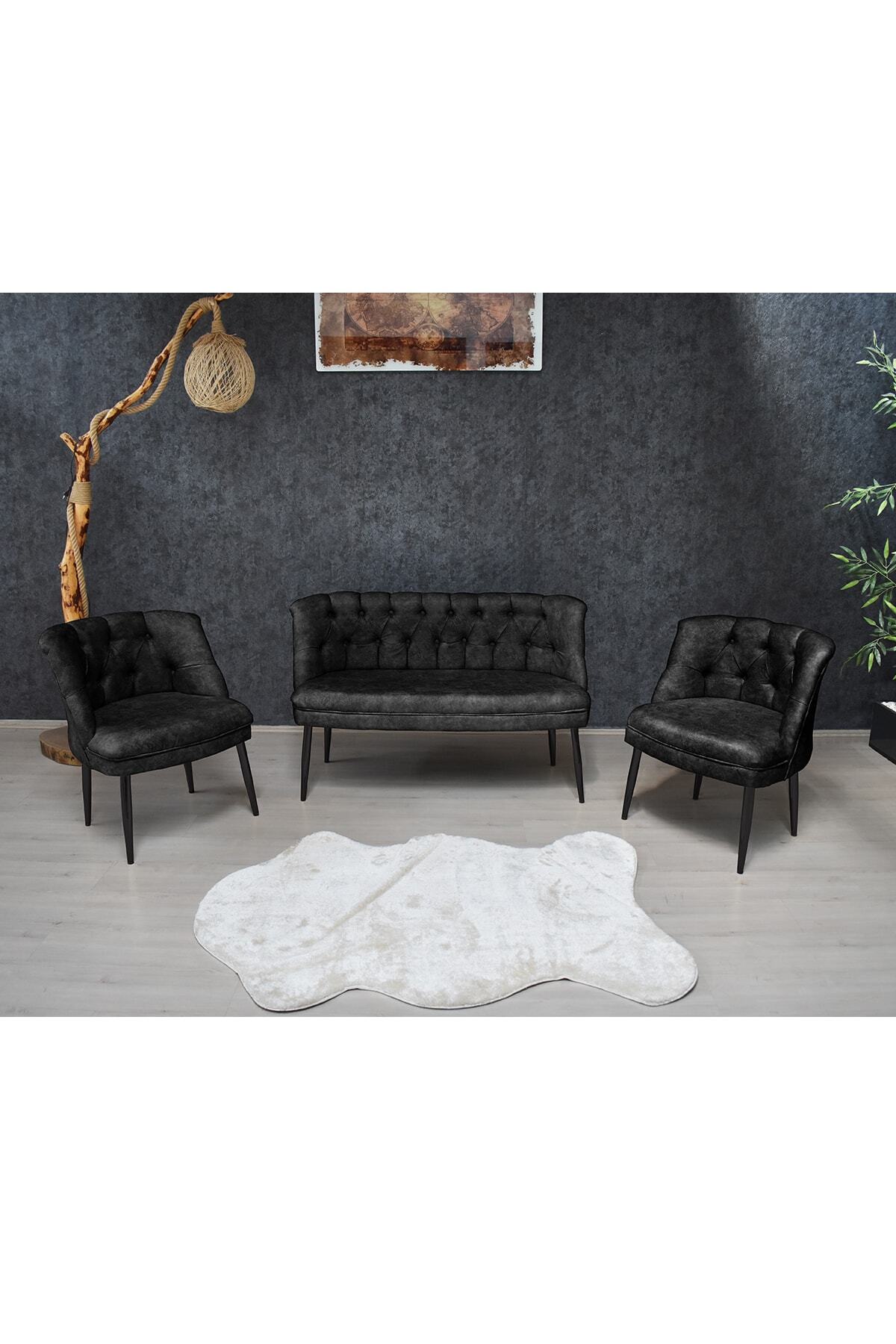 PRATİK DEKOR Kolsuz Çay Seti 2+1+1 Balkon Ofis Cafe Bahçe Koltuk Takımı | Siyah Metal Ayak Siyah