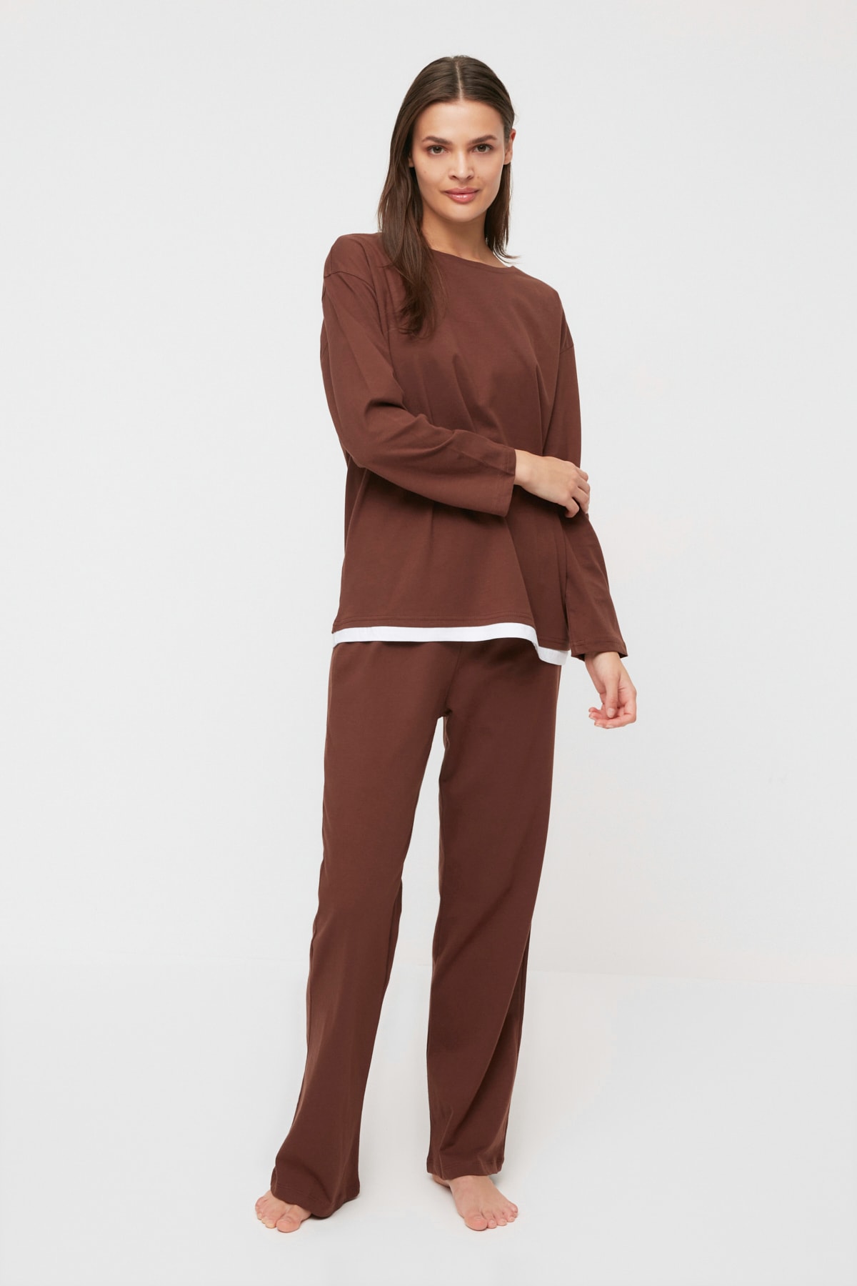 TRENDYOLMİLLA Kahverengi Örme Pijama Takımı THMAW22PT1178