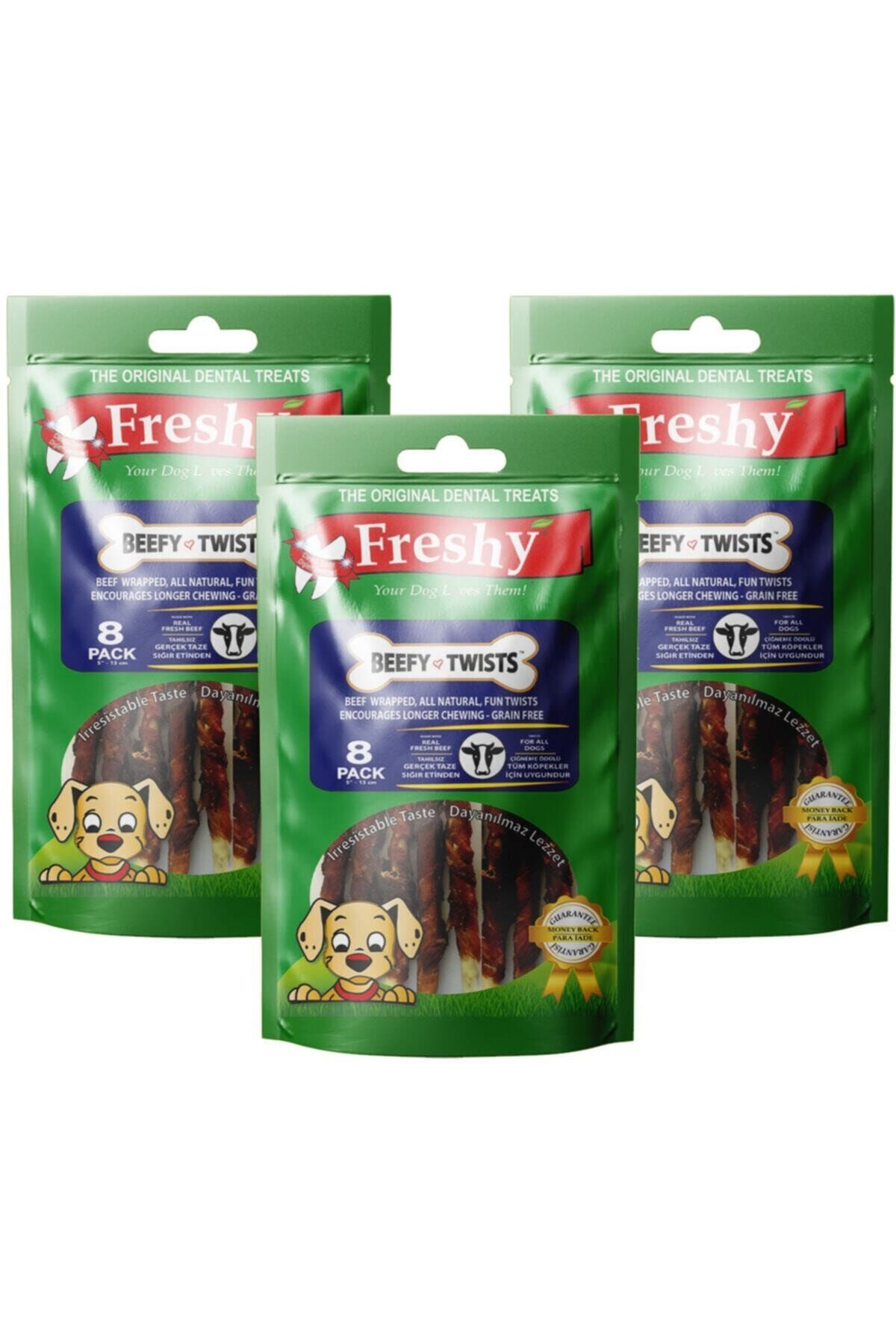 Freshy Beefy Twists 3'lü Set - 24 Adet Dana Eti Kaplı Burgu Çiğneme Çubuğu