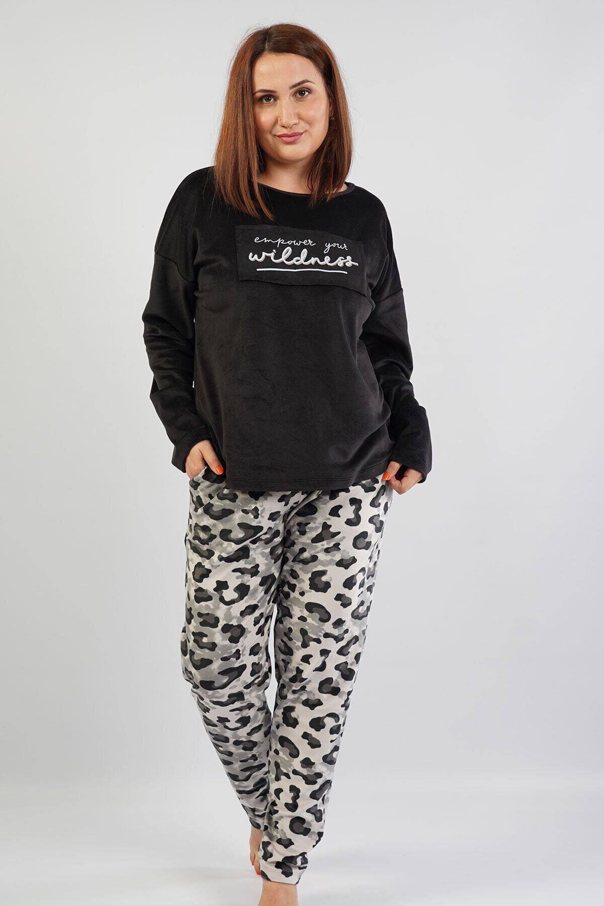 VİENETTA Kadın Lycralı Kadife Uzun Kol Büyük Beden Siyah Pijama Takım