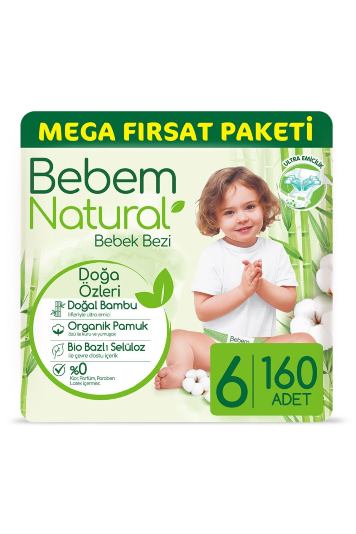 Bebem Natural Bebek Bezi 6 Beden Ekstra Large Mega Fırsat Paketi 160 Adet