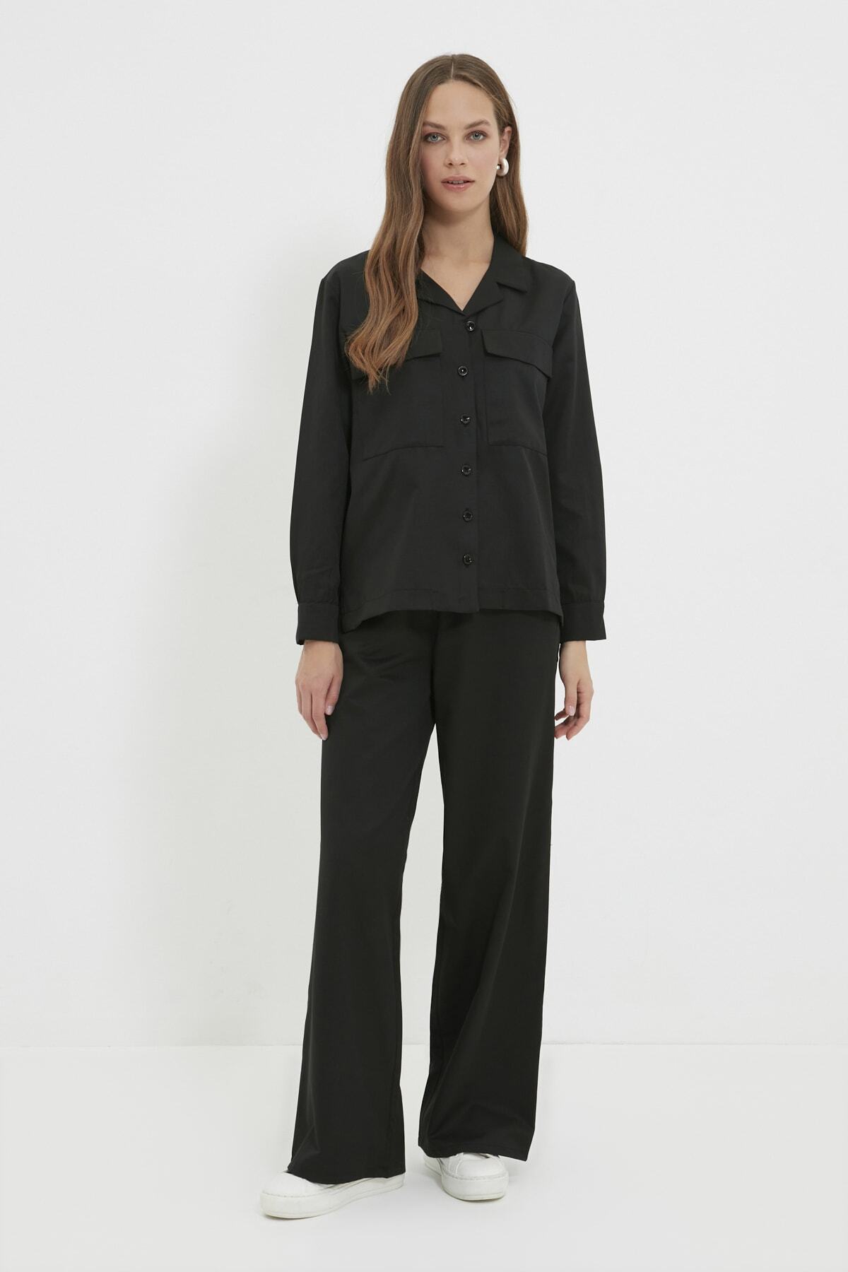 Trendyol Modest Siyah Gömlek Yaka Mat Saten Alt-Üst Takım TCTAW22US0063