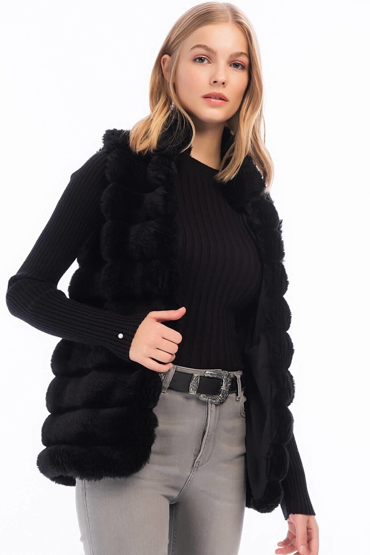 Cotton Mood 8414151 Kürk Enine Çizgi Desenli Kolsuz Yelek Sıyah