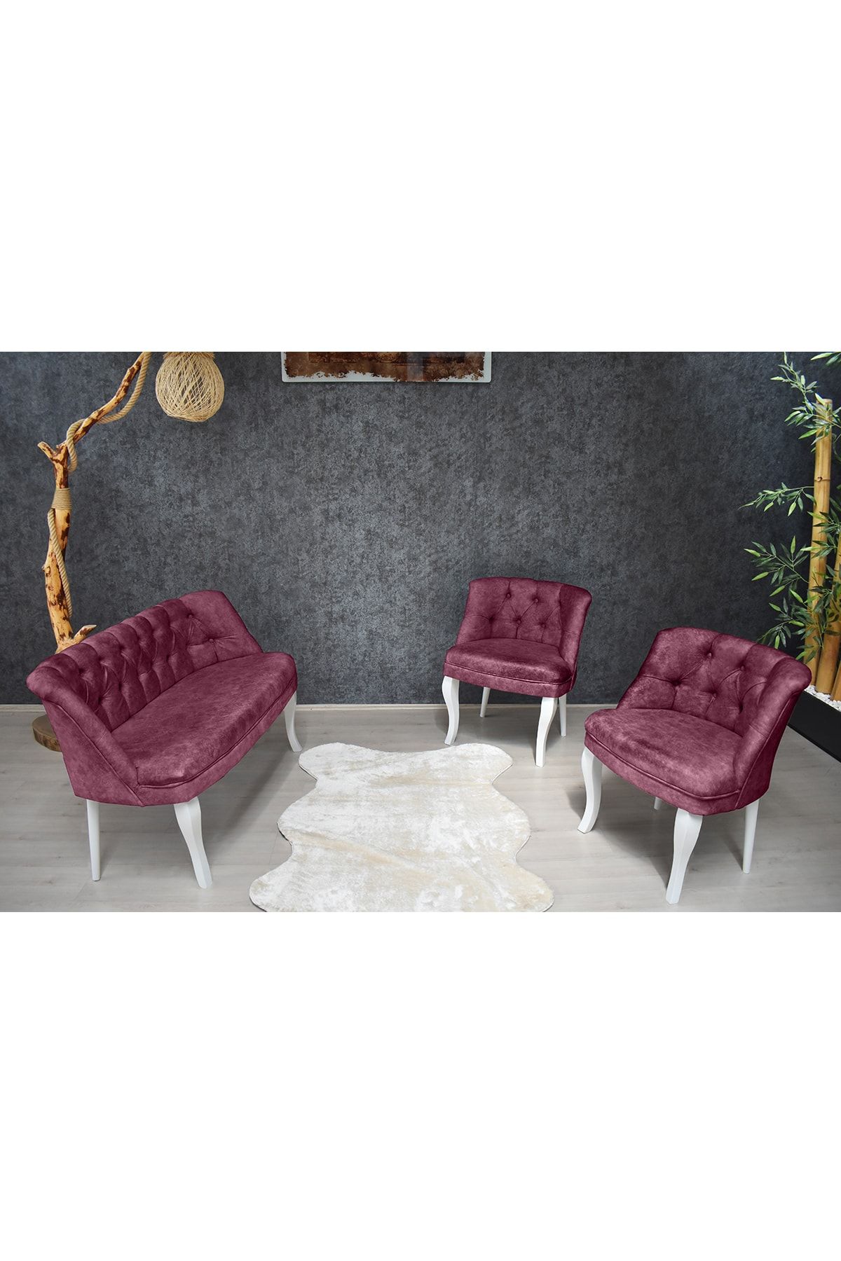 PRATİK DEKOR Kolsuz Çay Seti 2+1+1 Balkon Ofis Cafe Bahçe Koltuk Takımı Beyaz Ahşap Ayak Gül Kurusu