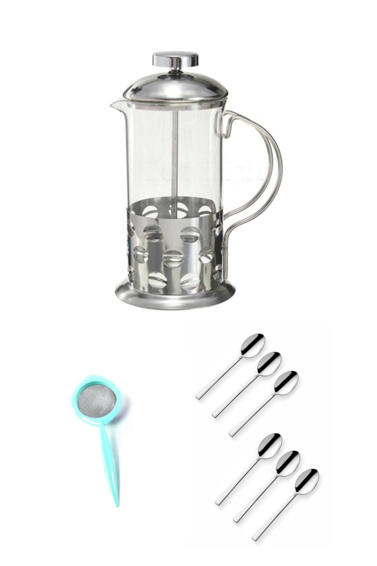 esmınahome Cam Metal Kaplama French Press Filtre Kahve Bitki Çayı Demliği 350 Ml 6 Lı Çay Kaşığı Süzgeç Hediyel