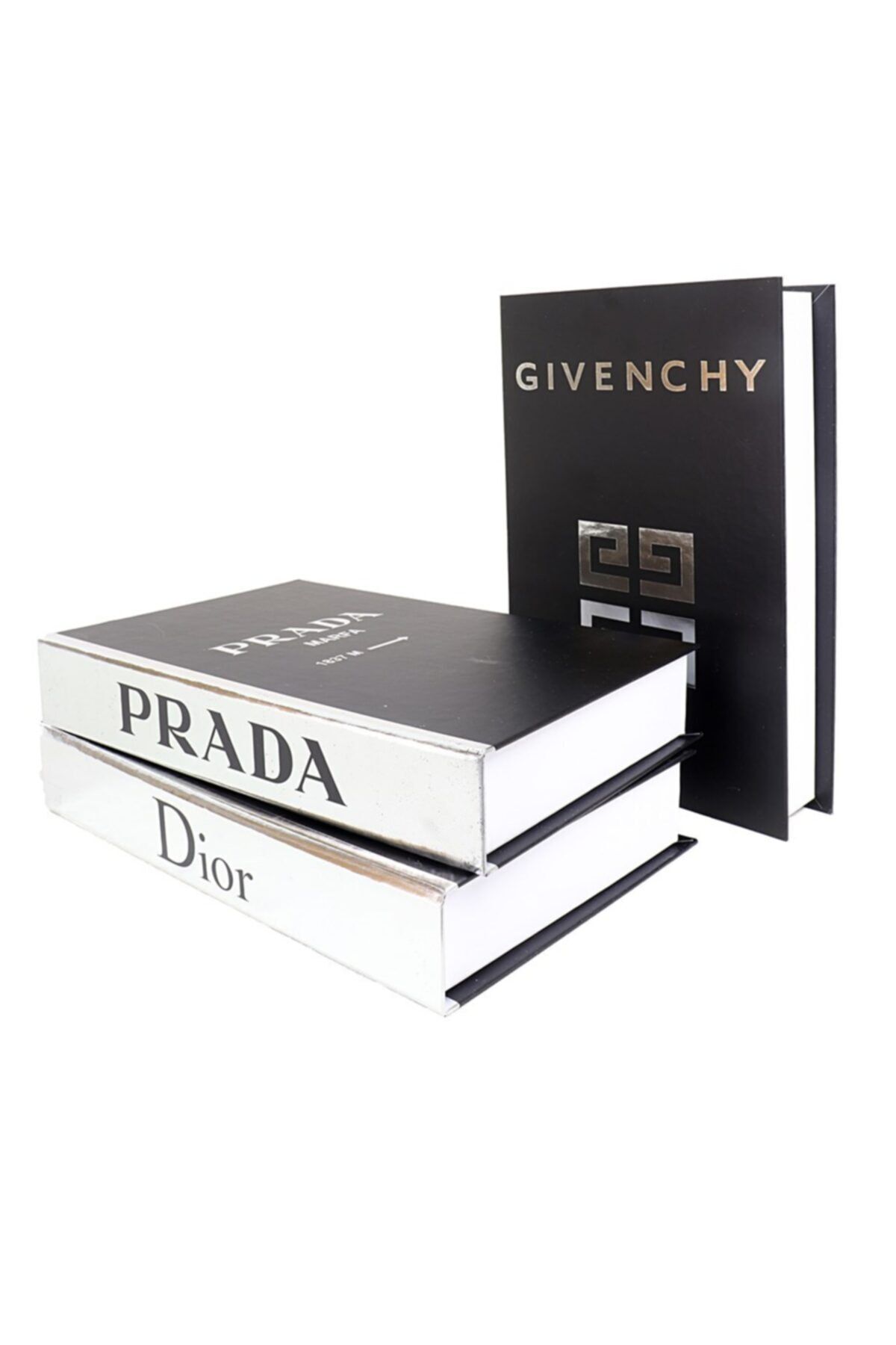 notiyatro Dior Prada Givenchy Silver Yaldızlı 3'lü Dekoratif Kitap Kutusu Set