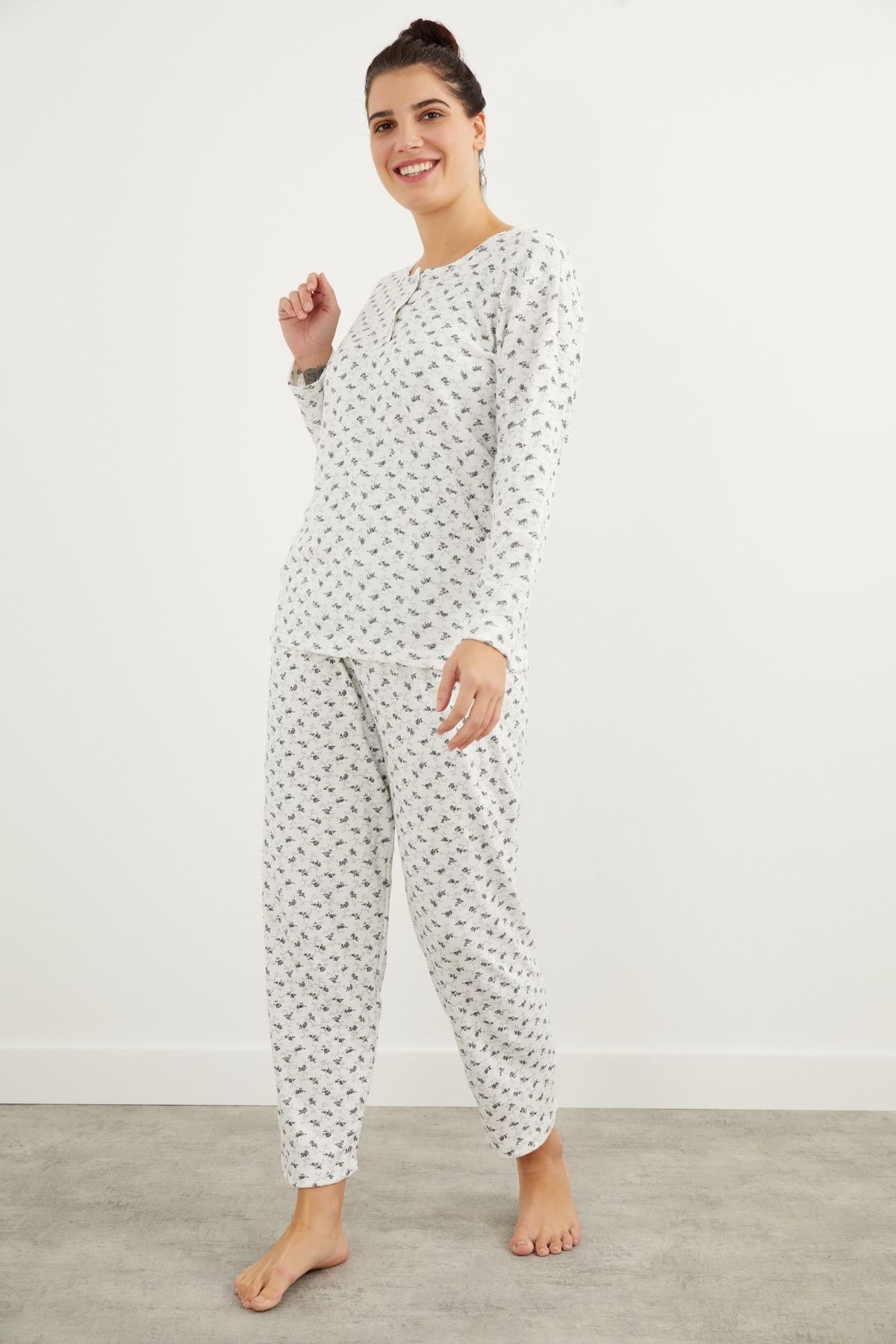 For Big Trend Çiçek Desen Yaka Düğmeli Pijama Takım