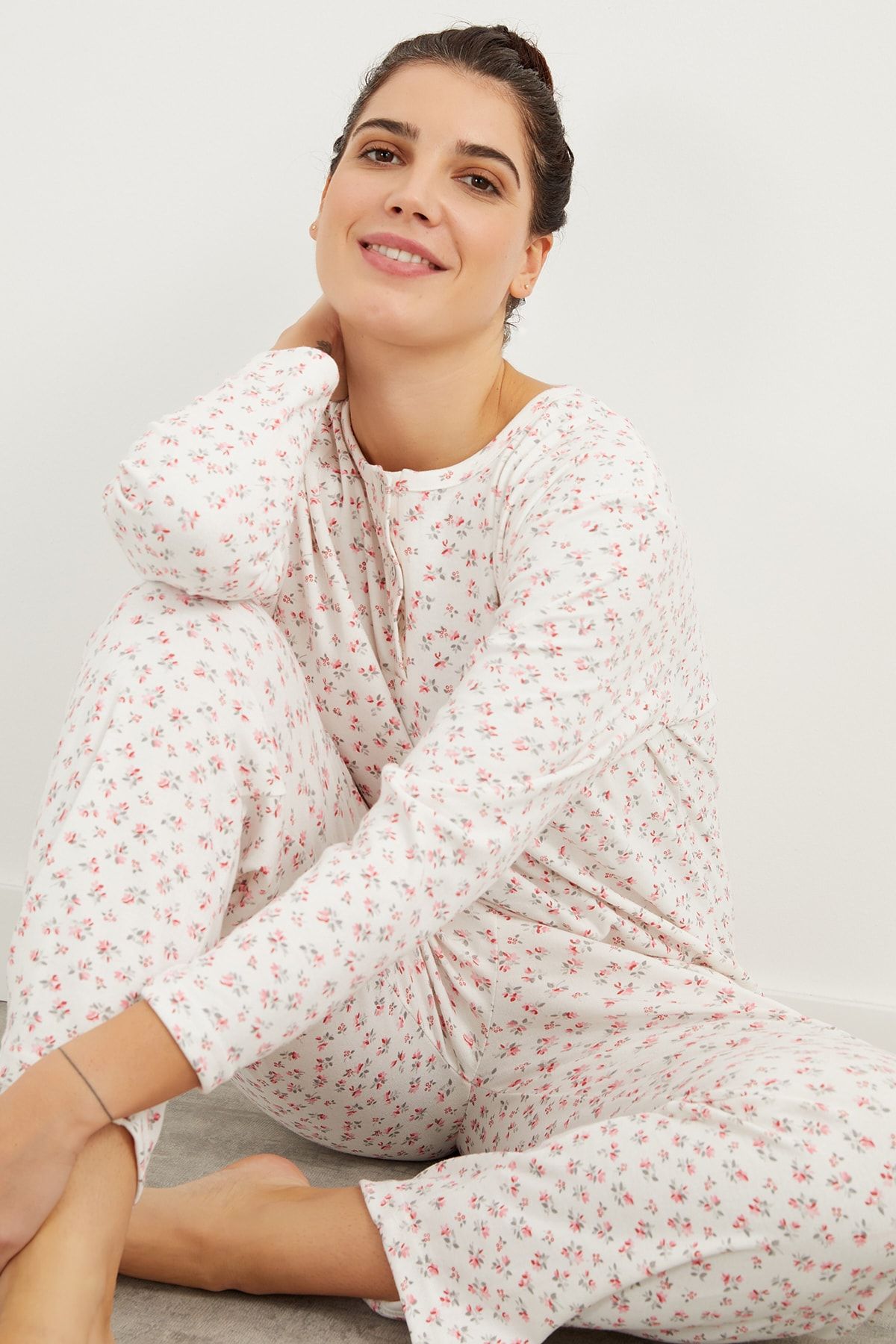 For Big Trend Çiçek Desen Yaka Düğmeli Pijama Takımı