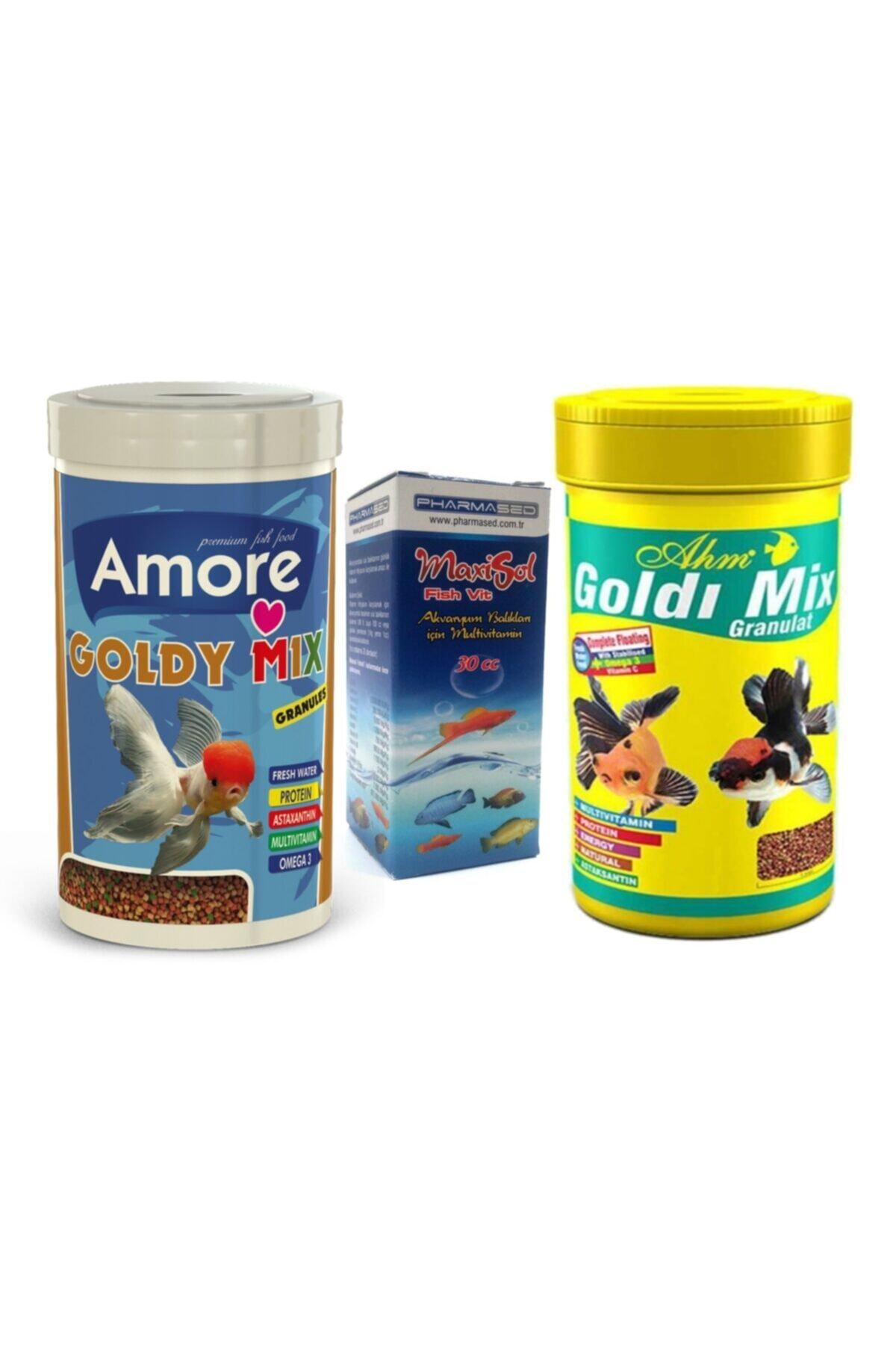 AMORE Goldy Mix Granules 1000ml + Ahm Goldi Mix 1000ml Japon Balık Yemi + Fishvit Vitamin