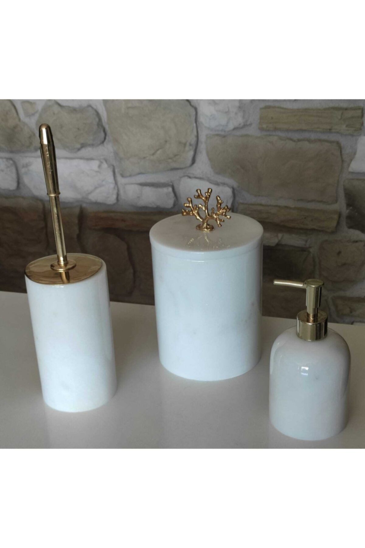 Polen Stone Beyaz 3'lü Banyo Seti Gold Aksesuarlı