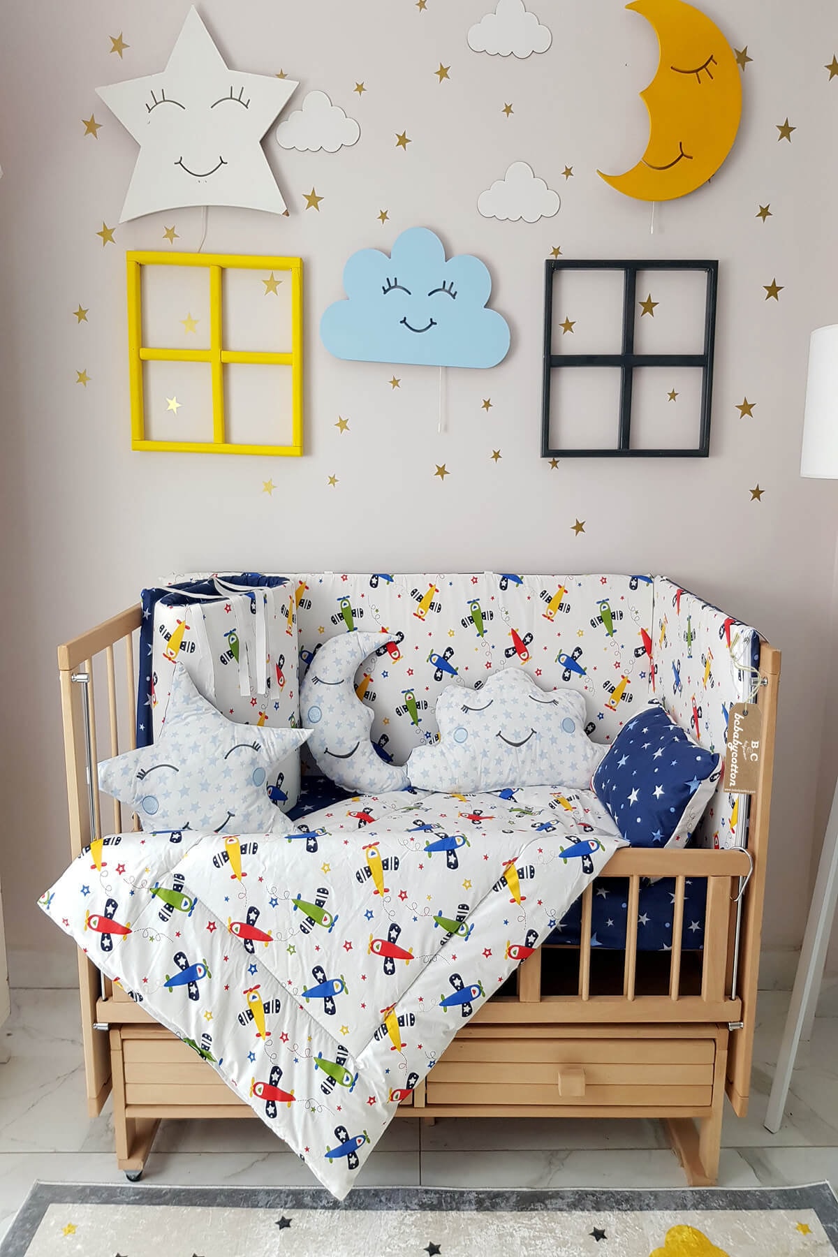 B&C Baby Cotton Doğal El Yapımı Uçak Baskılı Erkek Bebek Uyku Seti 60x120 (bebek Uyku Seti)