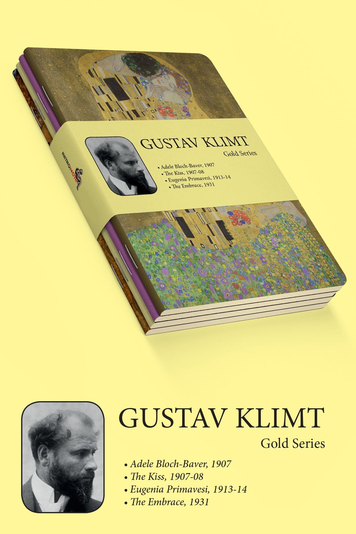 retronote Gustav Klimt 4'lü Defter Seti 1 - Gold Series - Çizgisiz - 64 Sayfa - 14x21cm
