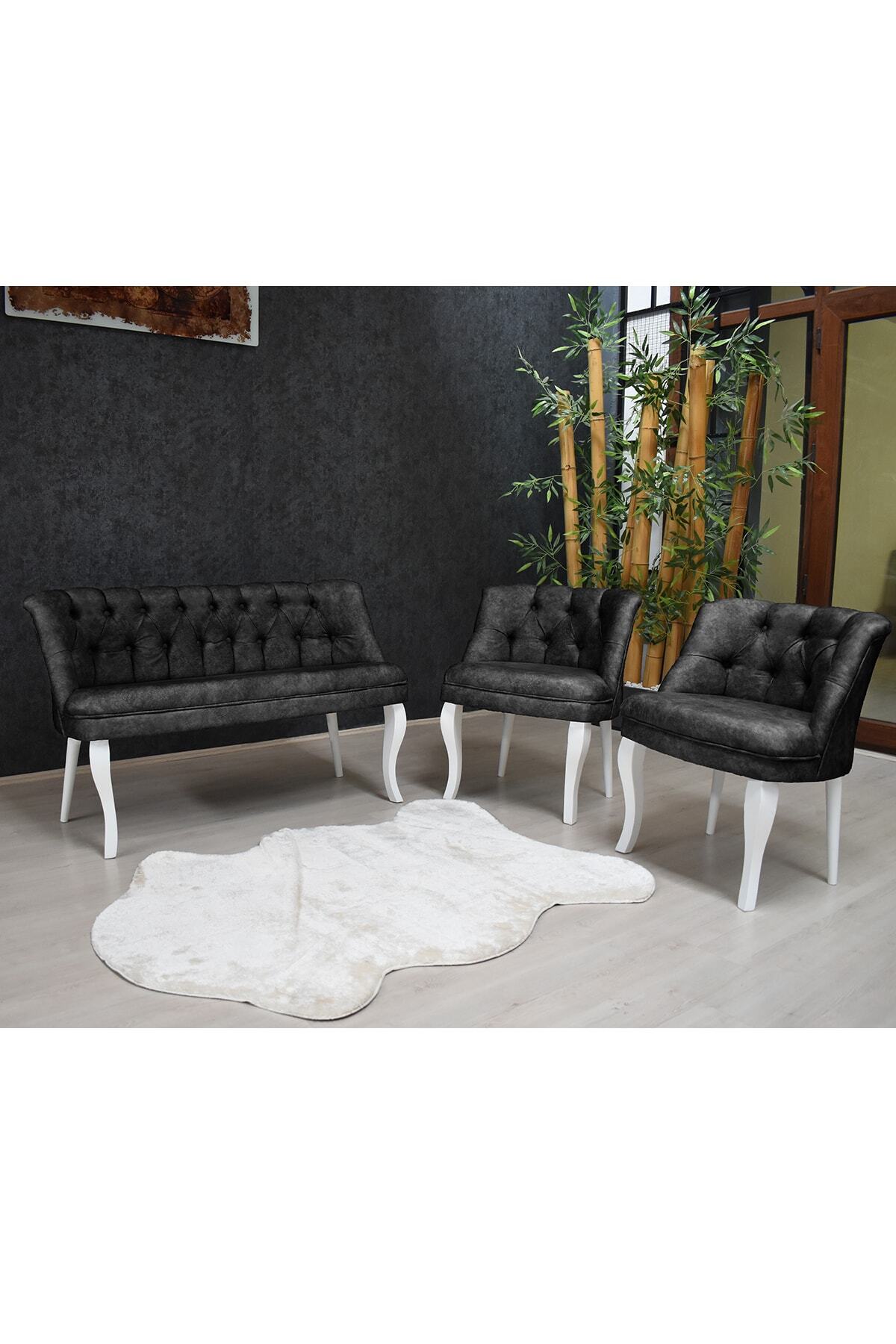 Olinpa Kolsuz Çay Seti 2+1+1 Balkon Ofis Cafe Bahçe Koltuk Takımı | Beyaz Ahşap Ayak Füme