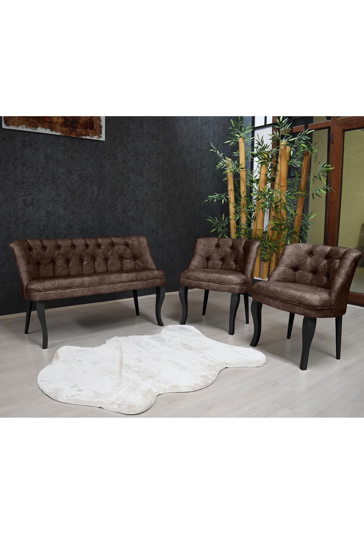 Olinpa Kolsuz Çay Seti 2+1+1 Balkon Ofis Cafe Bahçe Koltuk Takımı | Siyah Ahşap Ayak Kahve