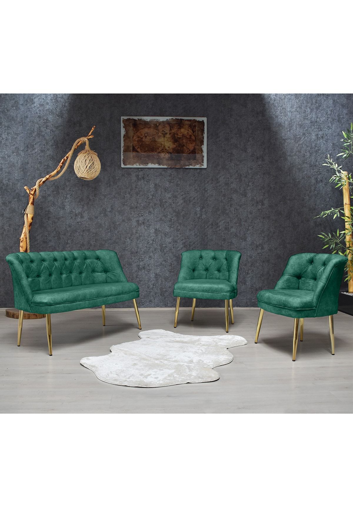 Olinpa Kolsuz Çay Seti 2+1+1 Balkon Ofis Cafe Bahçe Koltuk Takımı | Gold Metal Ayak Su Yeşili