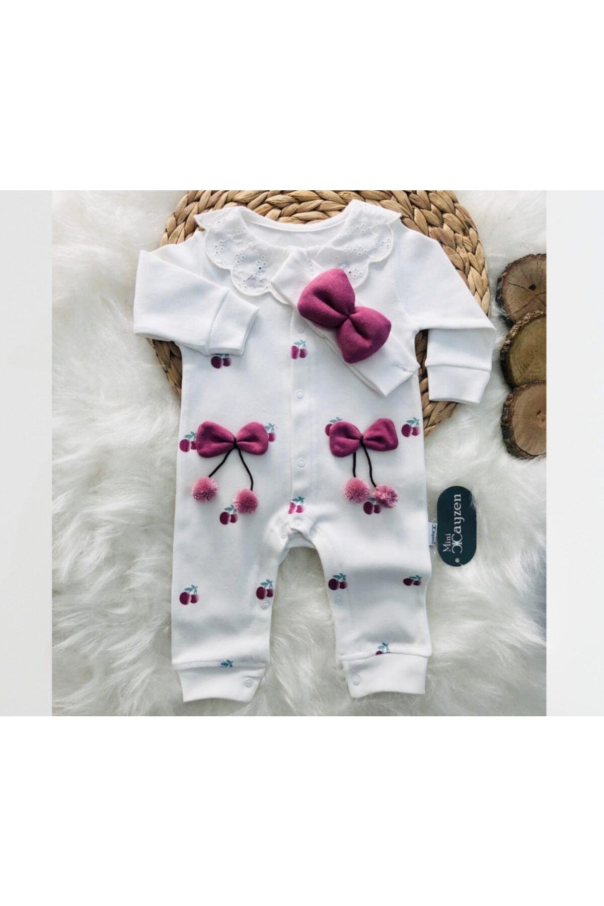 Uğurlu Mini Cayzen 1023 Kiraz Desenli Kız Bebek Tulum - Ekru