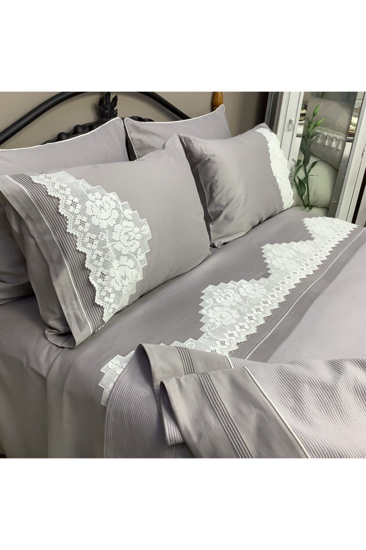 OYA home El Örme Dantel Aplikeli Pike Takımı -gri - 7 Parça