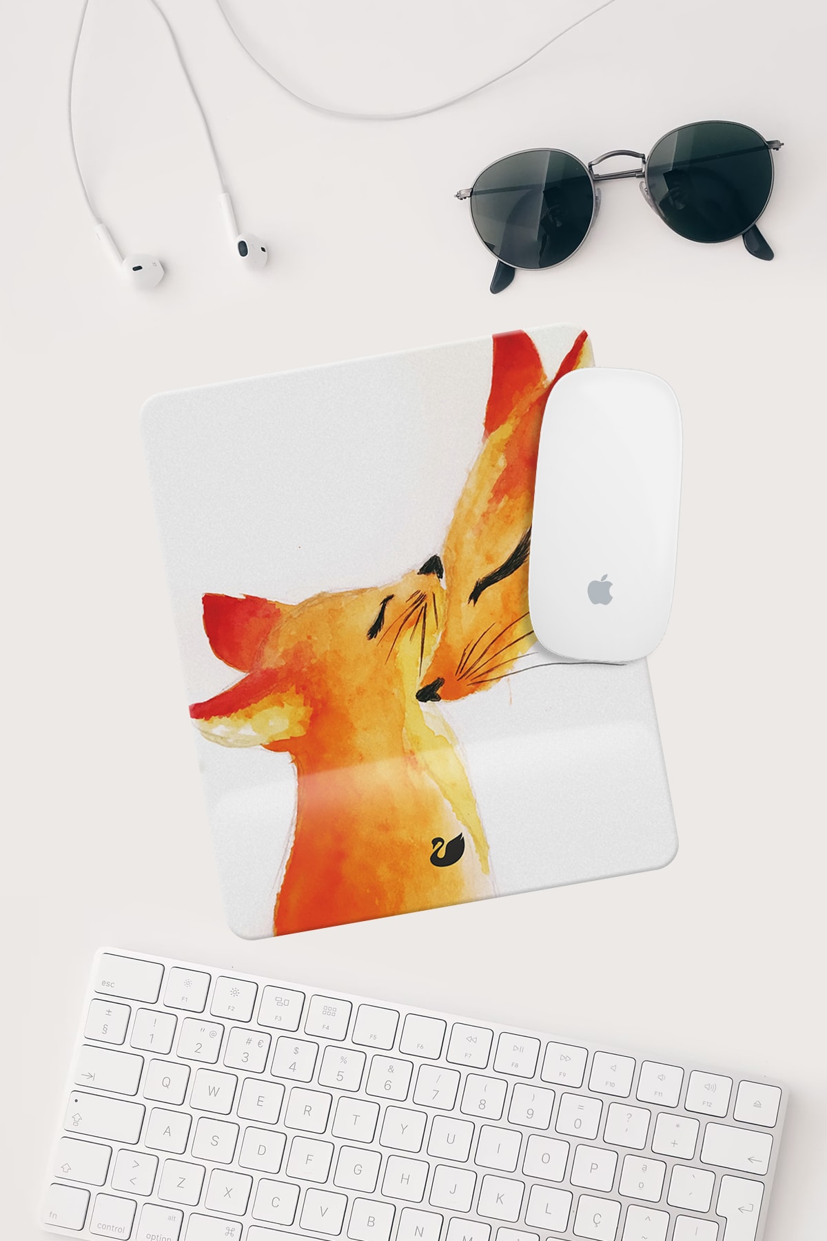 Kinder Garden Turuncu Beyaz Tilki Çizimli Bilek Destekli Dikdörtgen Mouse Pad Mouse Altlığı