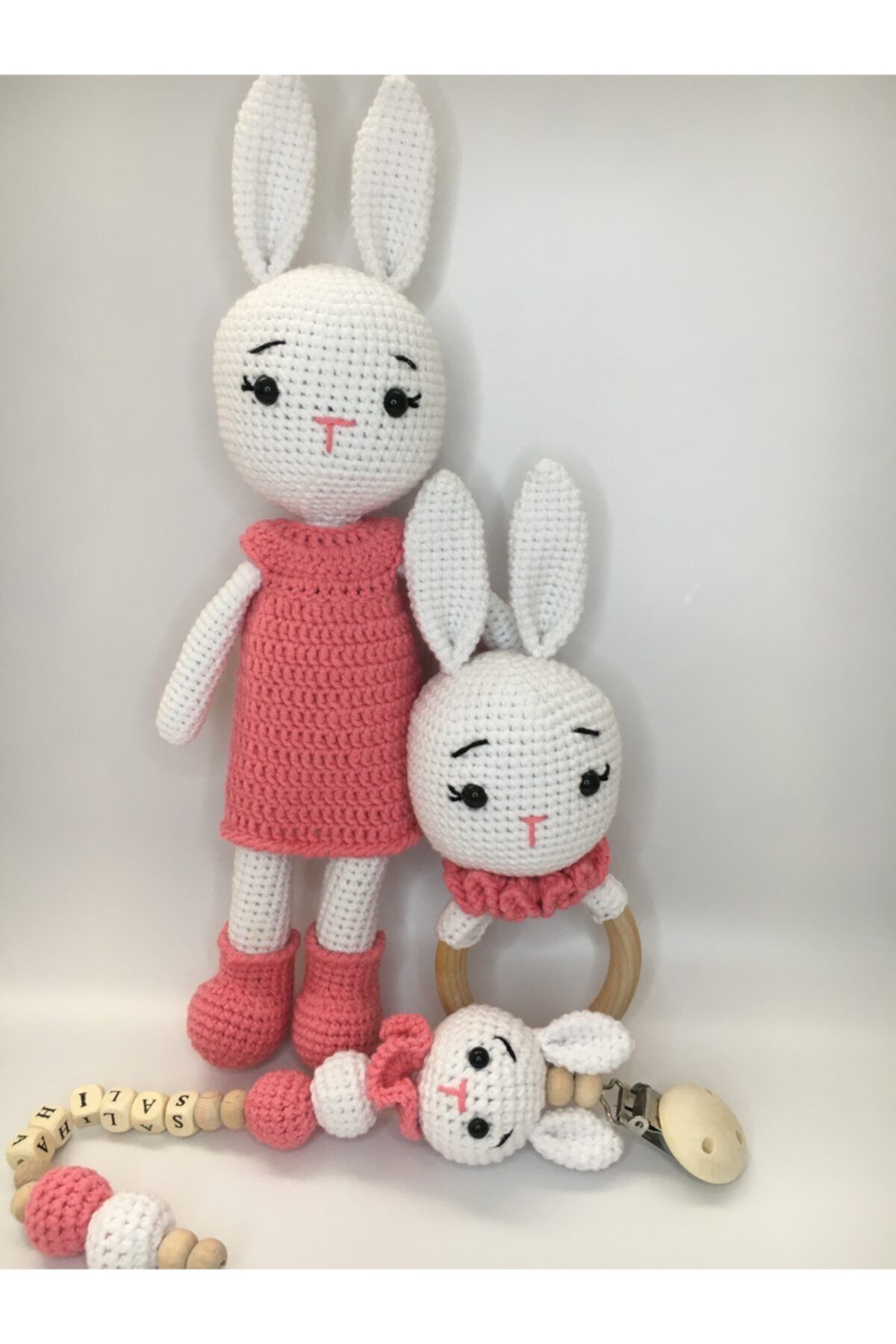 USTAHOBİEVİ Amigurumi Sevimli Tavşan Uyku Arkadaşı Çıngırak Ve Emzik Zinciri Set