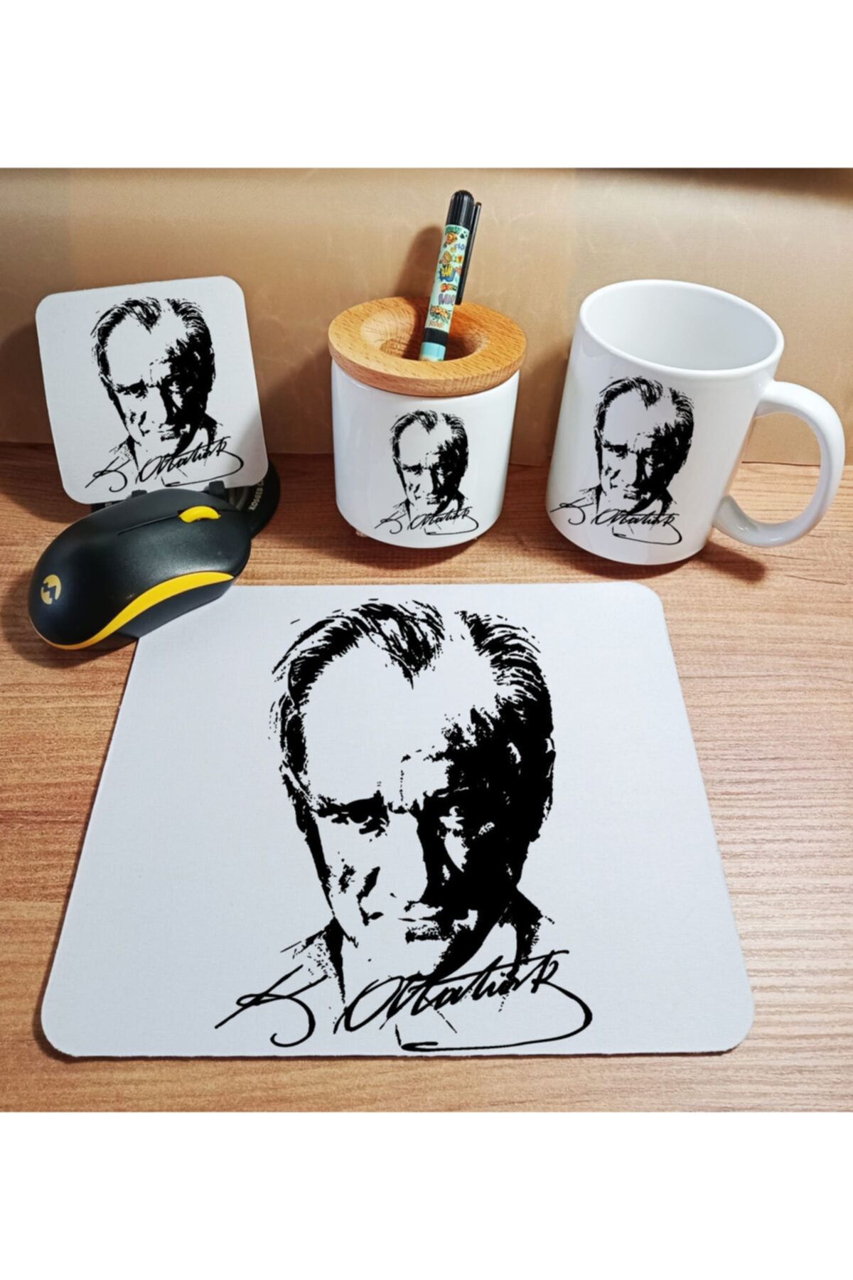 Şubat Tasarım Atatürk Temalı Mouse Pad & Kupa & Kalemlik & Bardak Altlığı Masa Seti 1