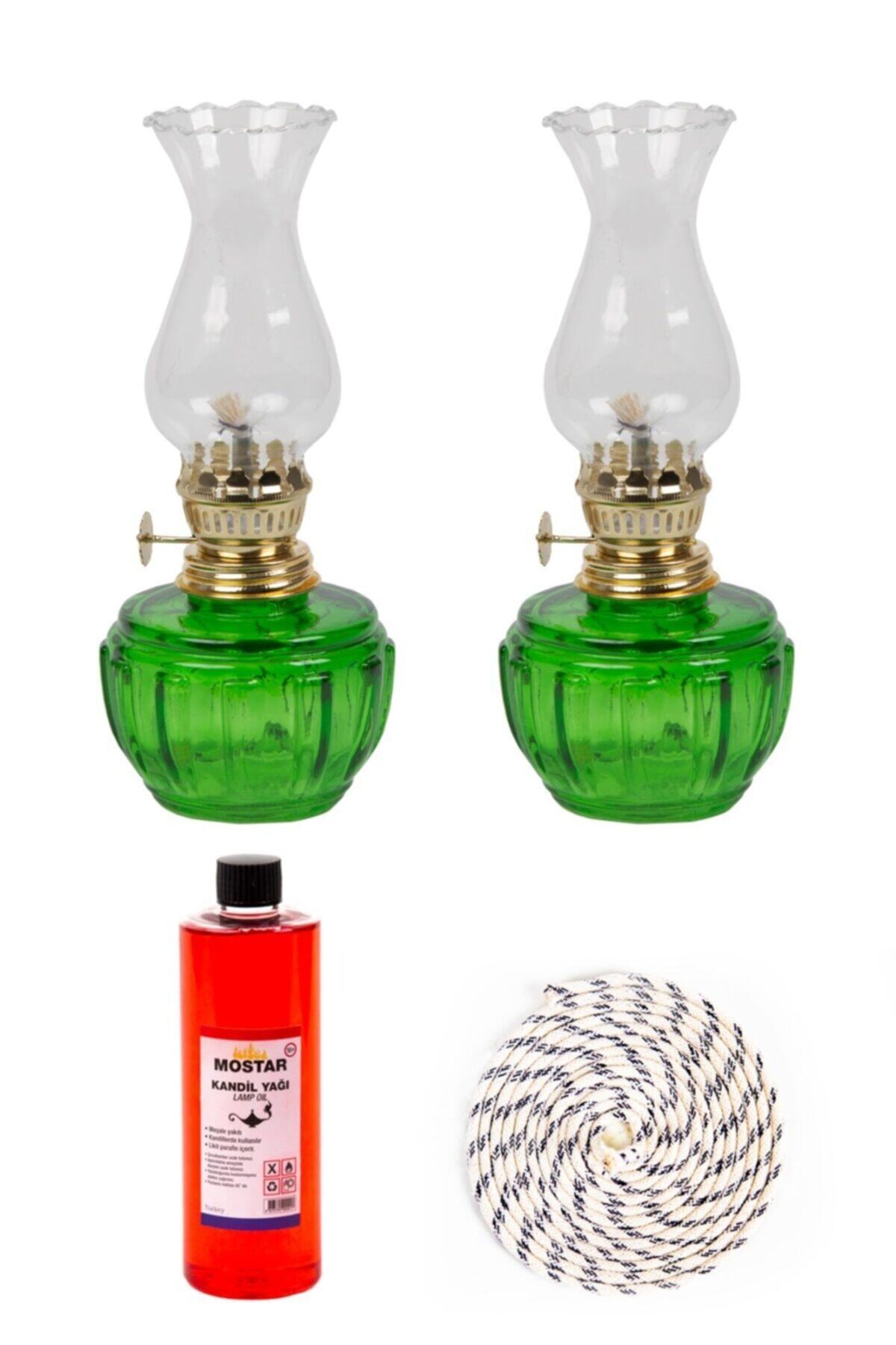 ŞEHRİMOSTARKIRK1 Gaz Lambası 2 Li Set Yeşil-400 Ml Kokusuz Kandil Yağ-1 Metre Fitil