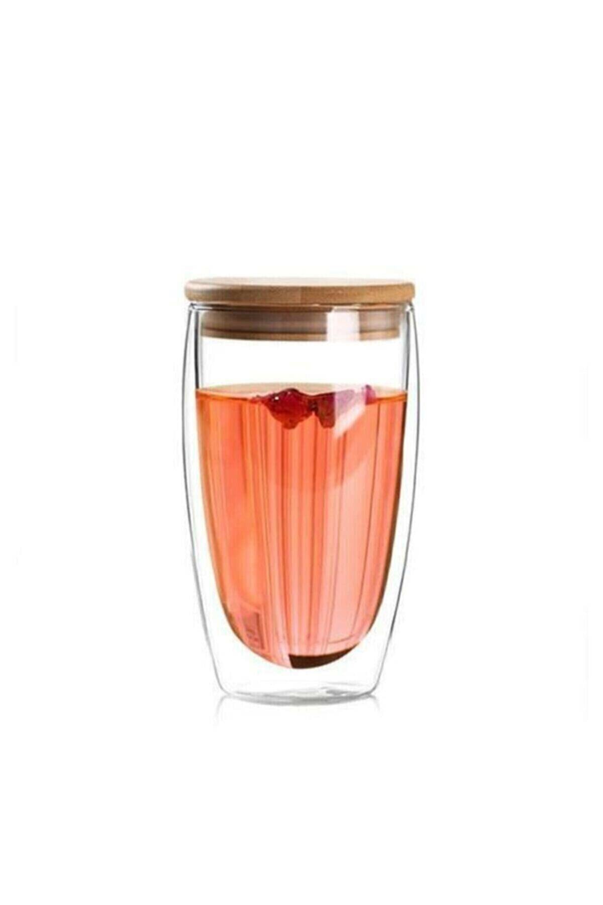 MİMOZA PARK Mimoza 450 Ml Çift Cidarlı Katmanlı Bambu Kapaklı Latte Bardağı Kupası