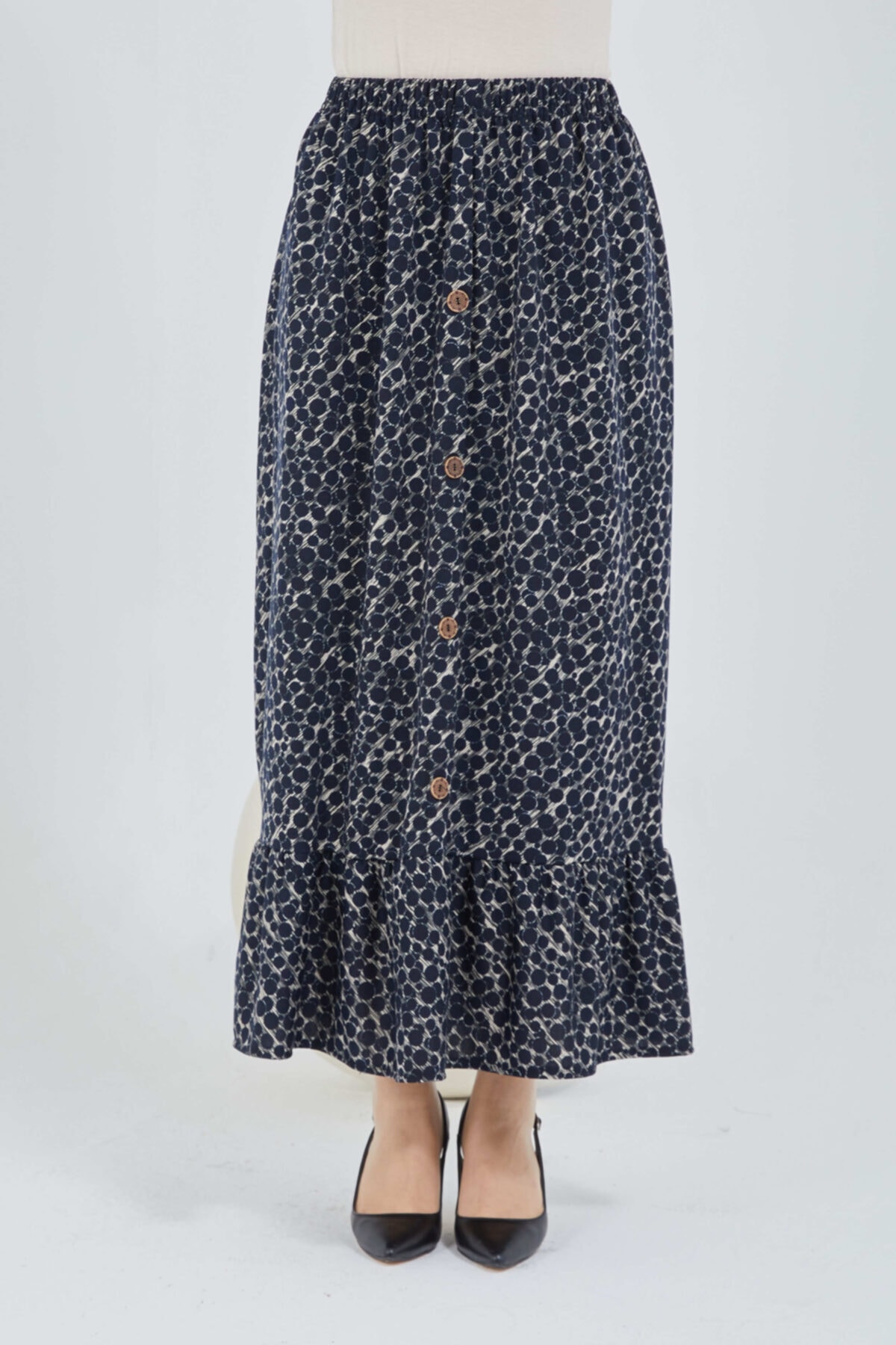 Sezici Giyim Kadın Lacivert Kot Desen Düğme Detaylı Maxi Boy Etek