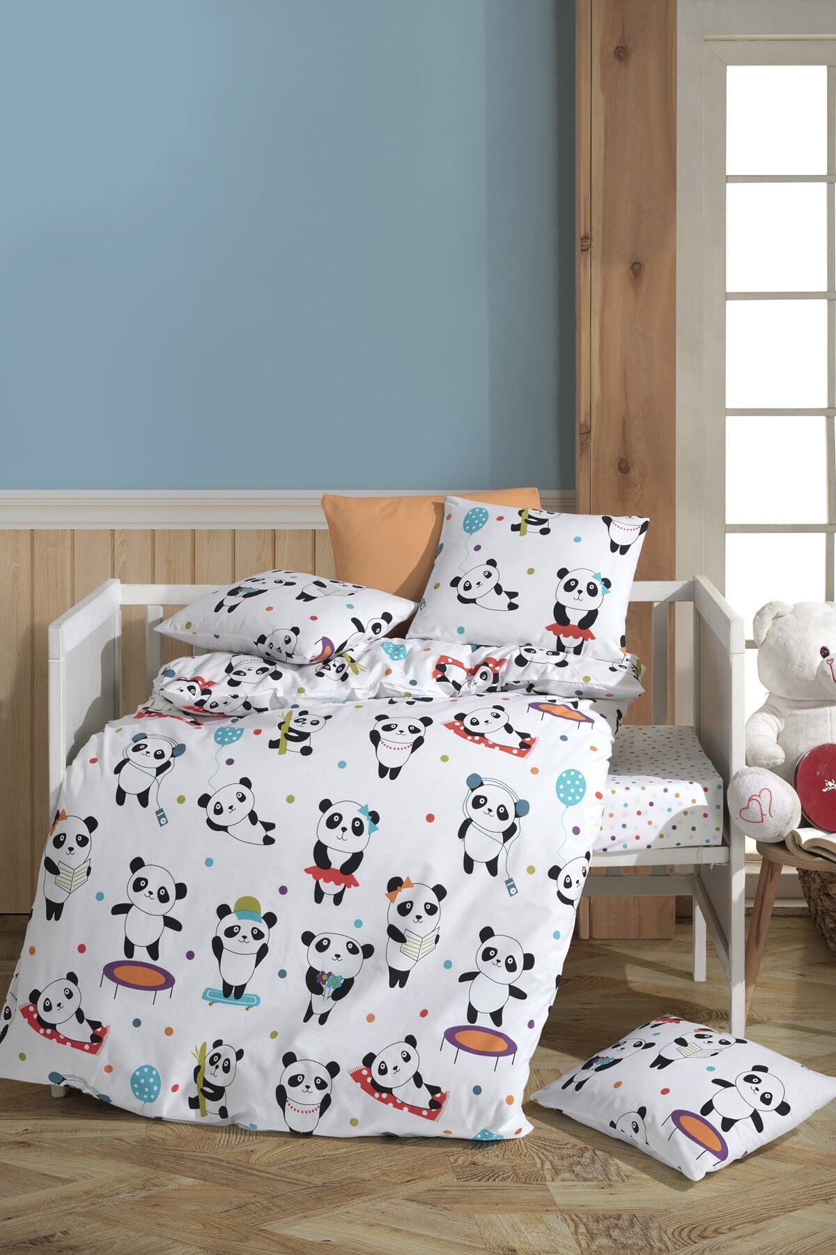 Enlora Home Enlora  Doğal Pamuk Bebek Nevresim Takımı Love Pandas Beyaz