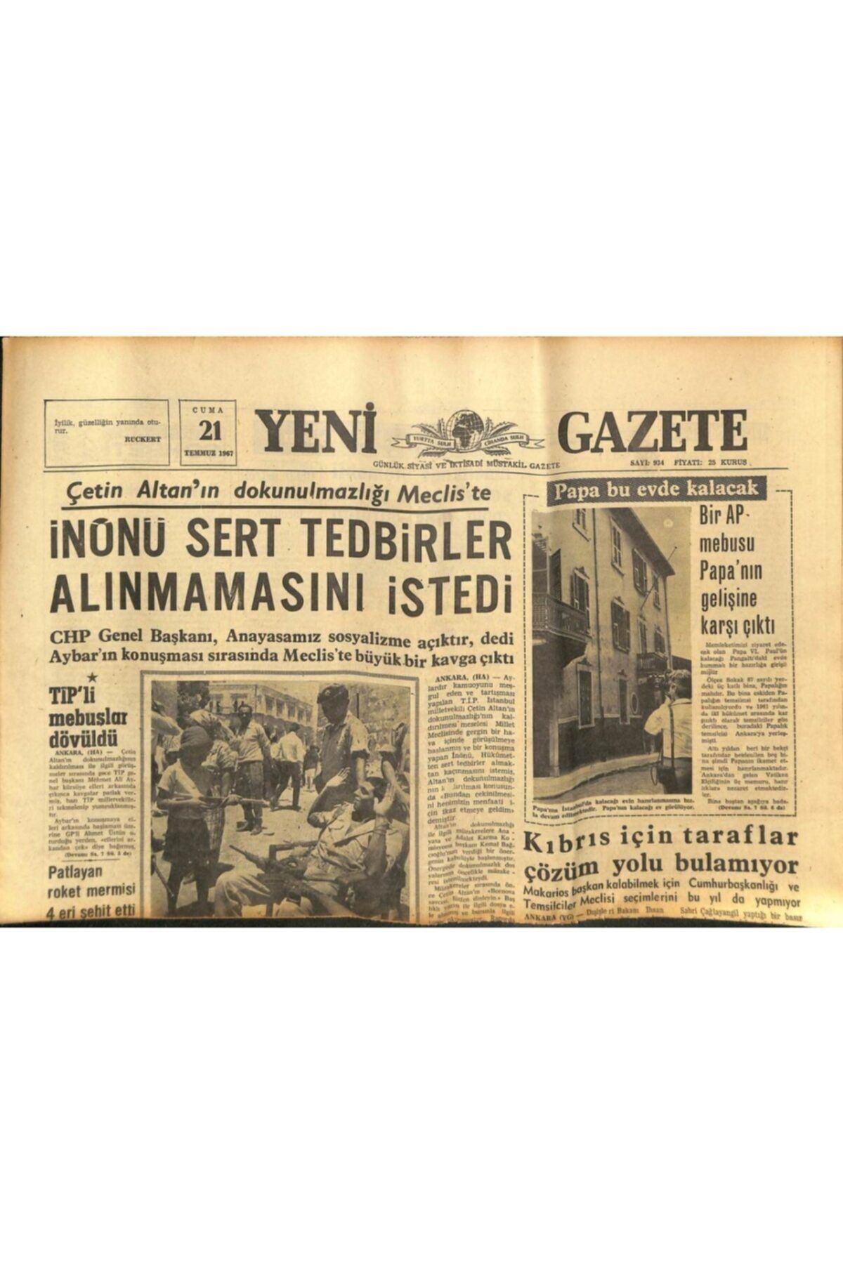 Gökçe Koleksiyon Yeni Gazete Gazetesi 21 Temmuz 1967 - Israil Uzun Süre Eski Sınırına Dönmiyecek Gz76924